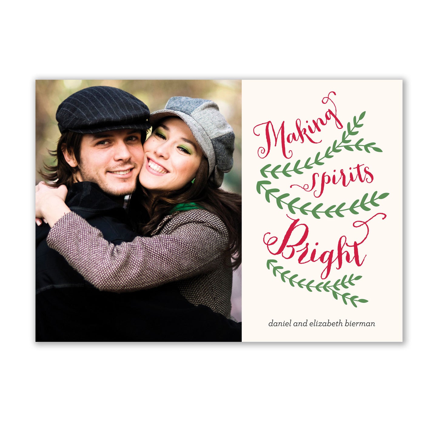 Noteworthy presents Vintage Making Spirits Bright photo cards with a photo of a couple hugging, beautifully enclosed in white unlined envelopes.