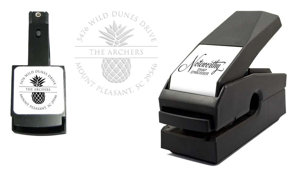 The Noteworthy Jolly Rogerette Stamper or Embosser features a black skull with crossbones and bow, plus your text in a circular design—ideal for custom embossers or self-inking stamps.