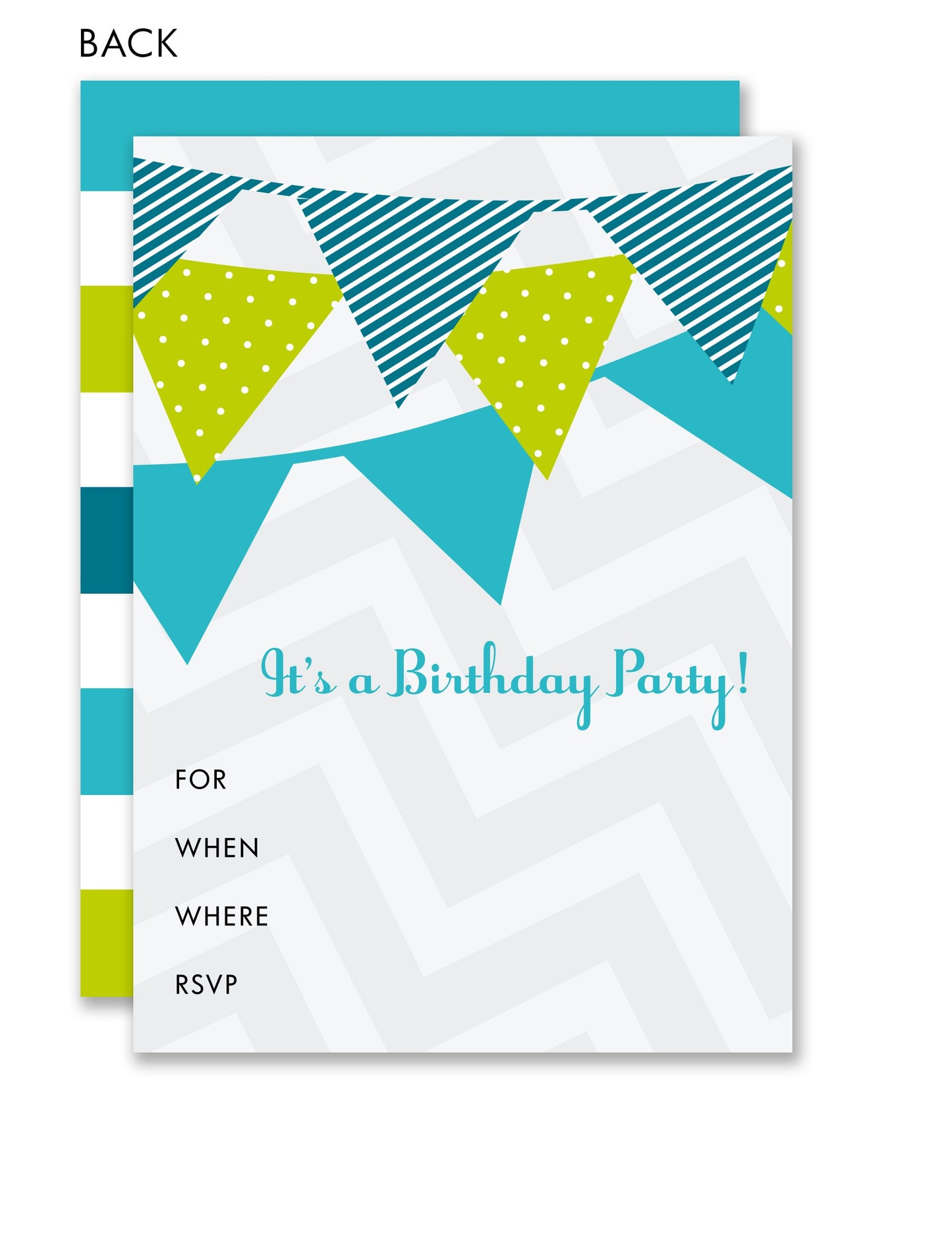 Noteworthy Party Banner Kids Fill-in Invitations feature blue and green ribbon flags with spaces for who, when, where, and RSVP—perfect for children's birthday party invites.