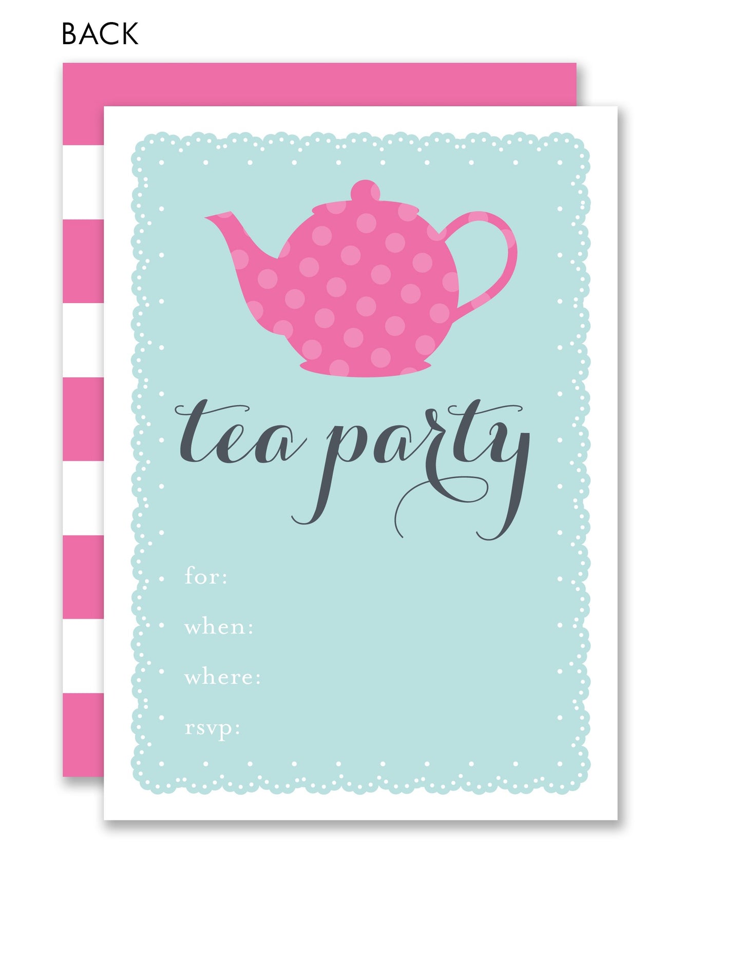 The Noteworthy Tea Party Kids Fill-in Invitations feature a pink teapot design with blanks for 'for', 'when', 'where', and 'RSVP', plus a pink striped back—perfect for children’s tea party celebrations.