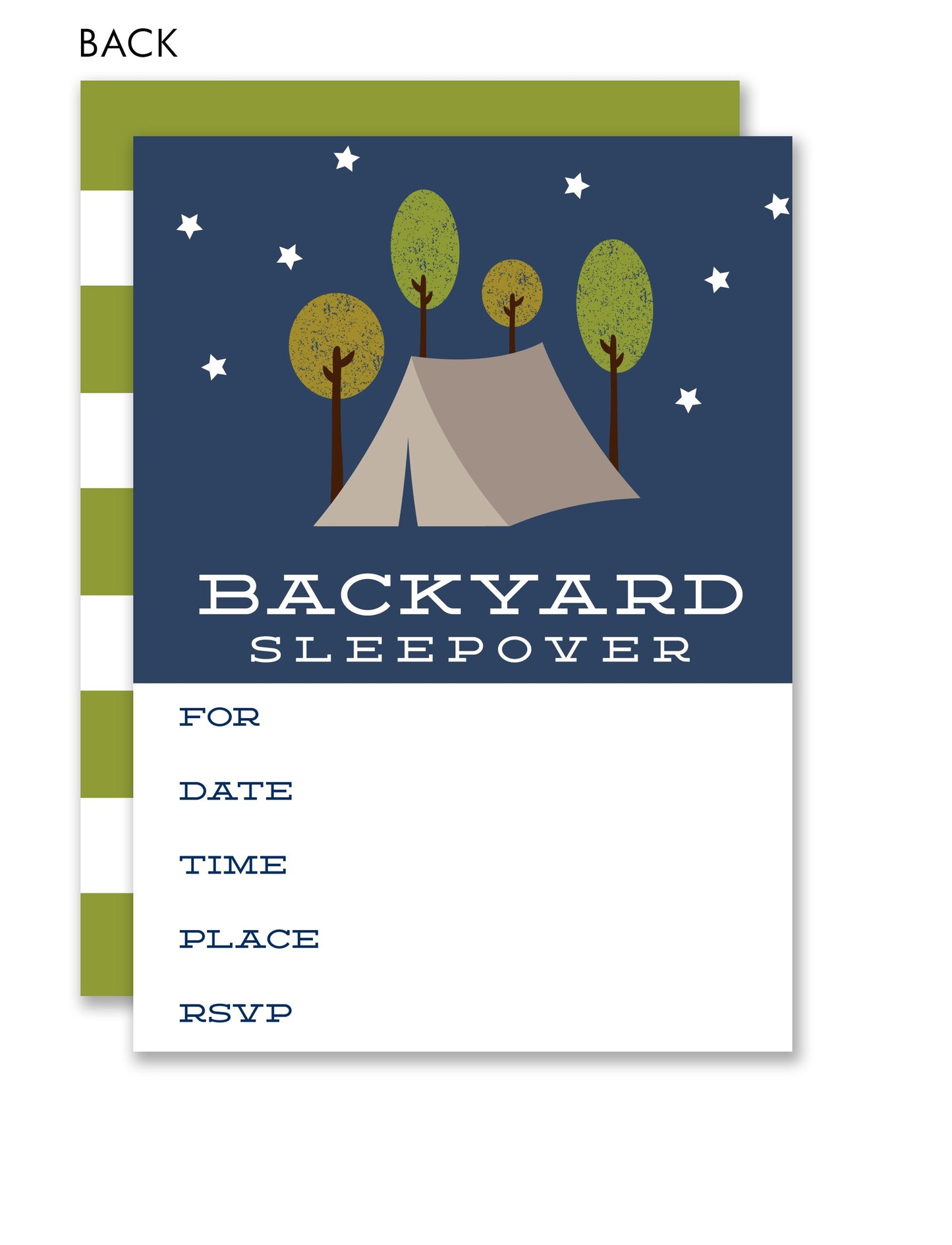Invite guests to your child's party with Noteworthy Camping Backyard Sleepover Party Kids Fill-in Invitations, featuring tents, trees, and stars—perfect for a fun tent-themed celebration! Spaces included for date, time, place, and RSVP.
