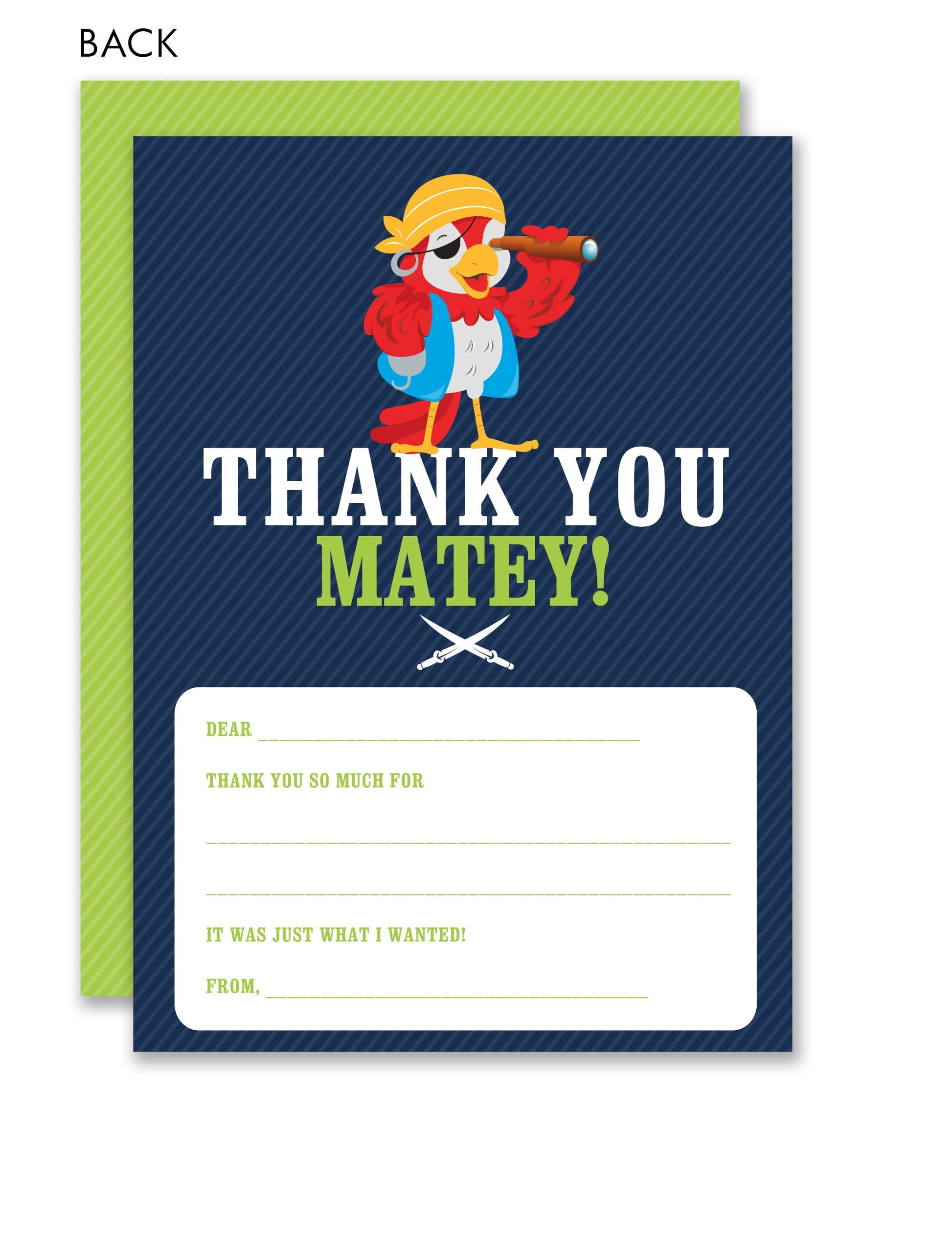 The Noteworthy Pirate Party Kids Fill-in Thank Yous feature a cartoon parrot pirate and "Thank You Matey!" message, with spaces for sender and recipient info—perfect for fun kids’ thank you notes.