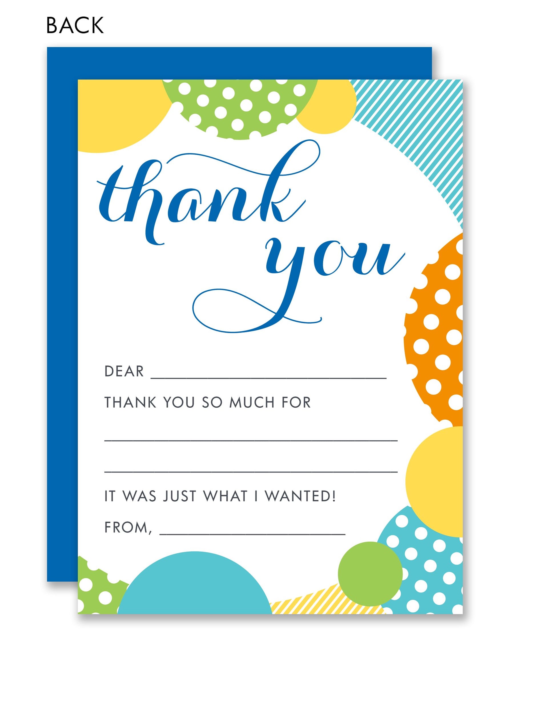 The Noteworthy Boy Bounce Party Kids Fill-in Thank Yous feature a colorful border with polka dots and spaces for kids to write messages, recipient, and sender. A solid blue card is partially visible behind the thank you card.