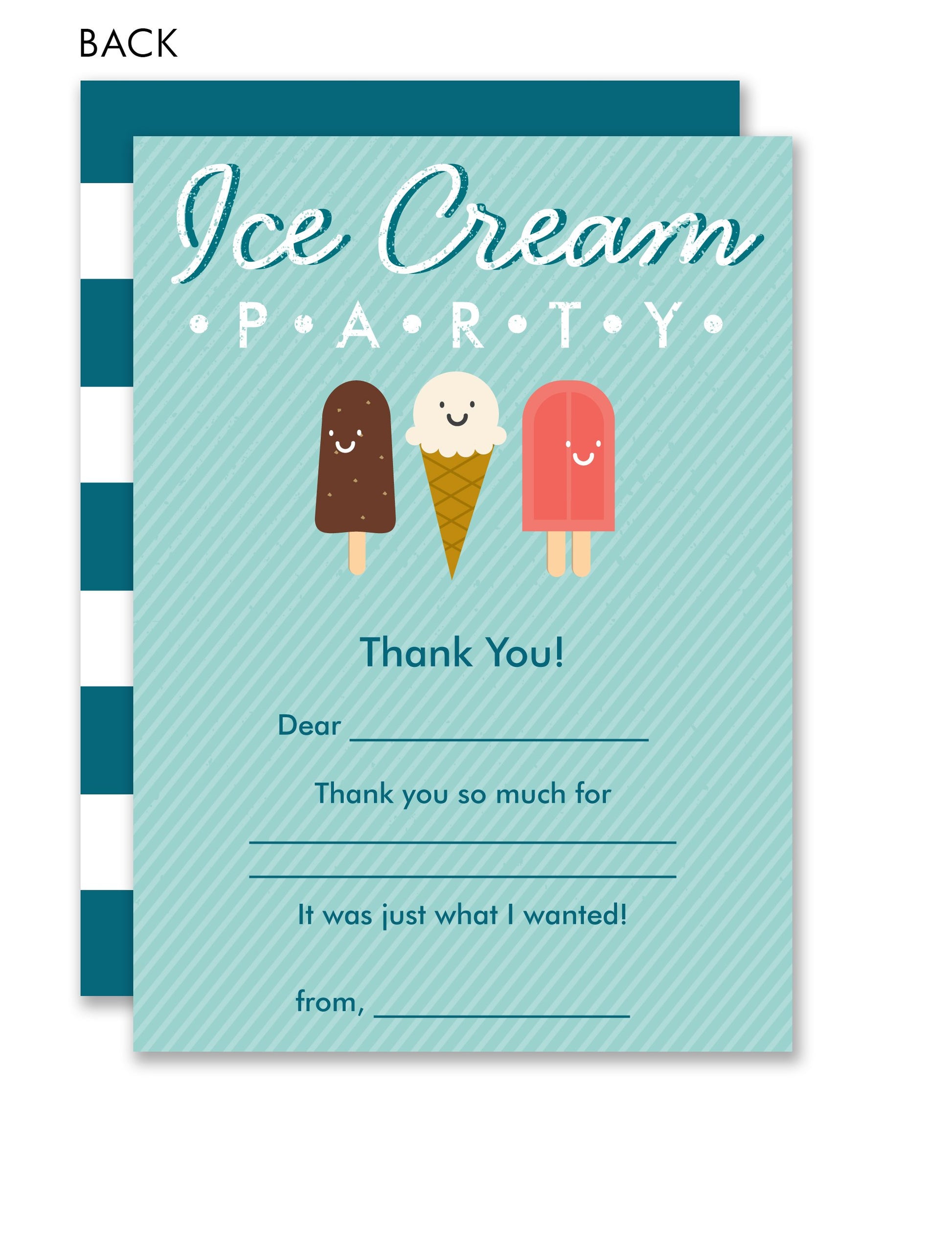 The Noteworthy Ice Cream Party Kids Fill-in Thank Yous feature fun ice cream illustrations, “Ice Cream Party” at the top, and spaces for your message, the recipient’s name, and yours.