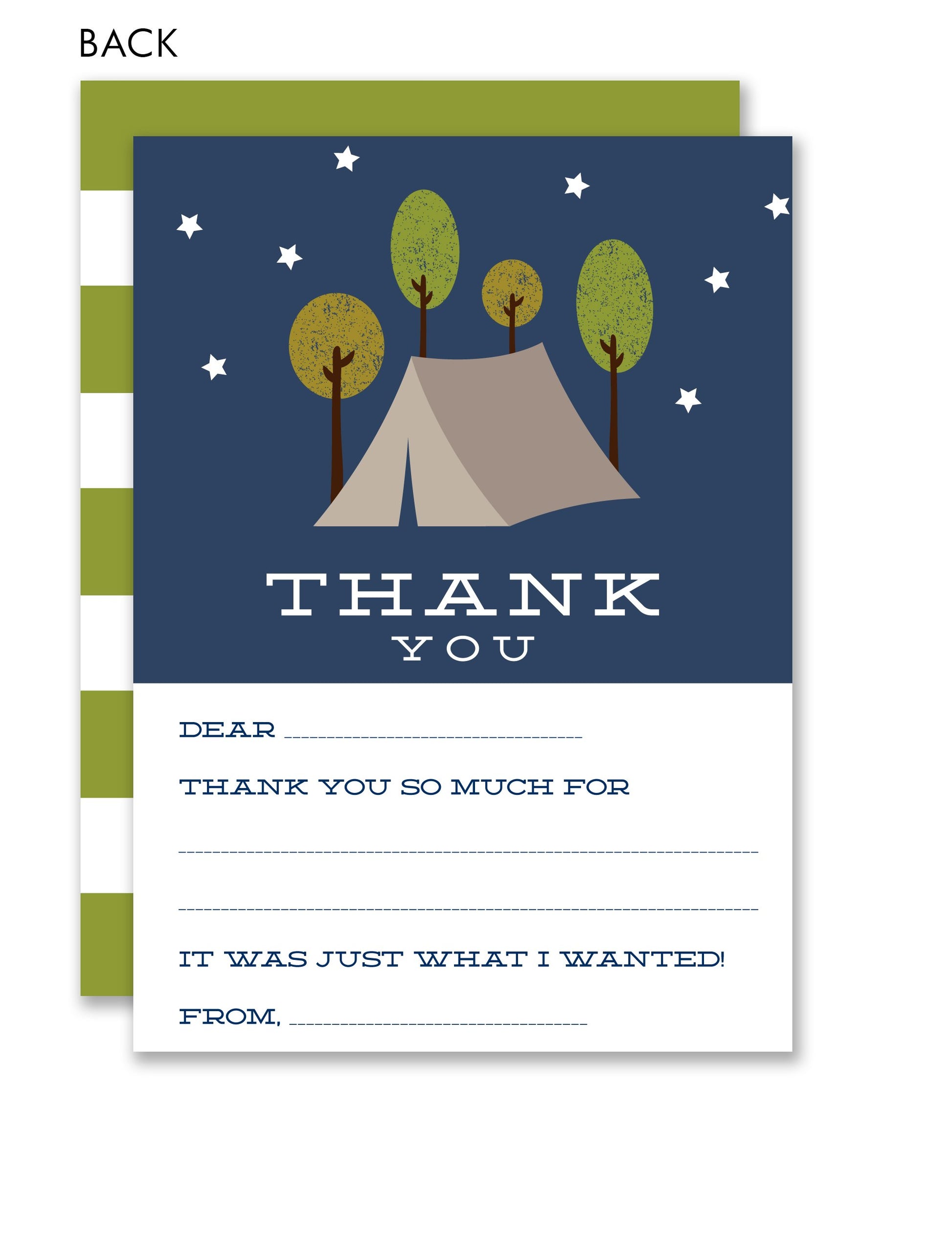 The Noteworthy Camping Backyard Sleepover Party Kids Fill-in Thank Yous feature a tent, woods, trees, and starry sky with green stripes on the back. Perfect for kids’ camping parties, each card includes sections for recipient, message, and sender.