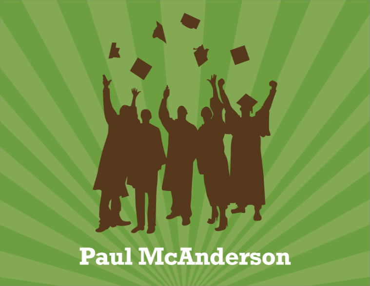 A group of graduates toss caps on a green background features on Noteworthy's Grad Caps Olive Note Cards—perfect for graduate thank yous, with "Paul McAnderson" printed below.