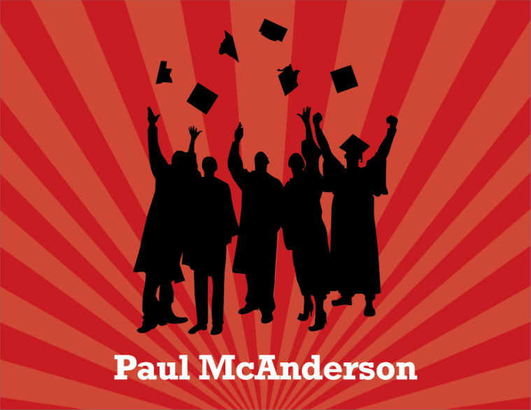 Silhouetted graduates toss caps against a red sunburst with a bold stripe, plus space for personalization—Grad Caps Red Note Cards by Noteworthy are perfect for graduation thank yous.