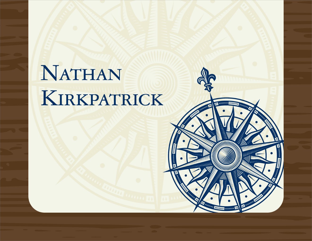 The Noteworthy Nautical BP Folded Note Cards feature an illustrated blue compass rose and can be personalized with "Nathan Kirkpatrick," all set against a wood-grain border for a refined touch.