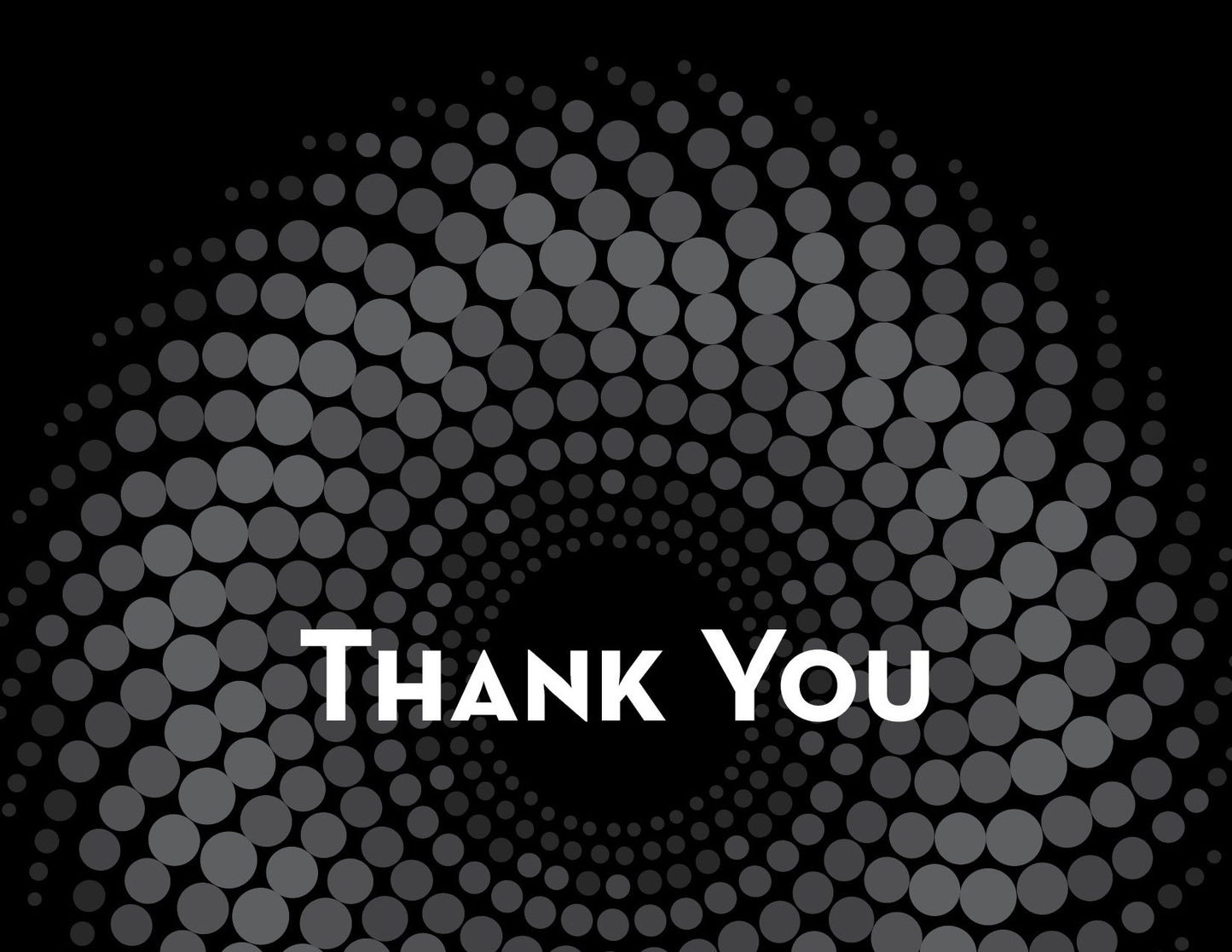 The image shows the words "Thank You" in white, centered on a black background with gray polka dots radiating outward. This is the Diamond Numbers Folded Thank You Note Card by Noteworthy.