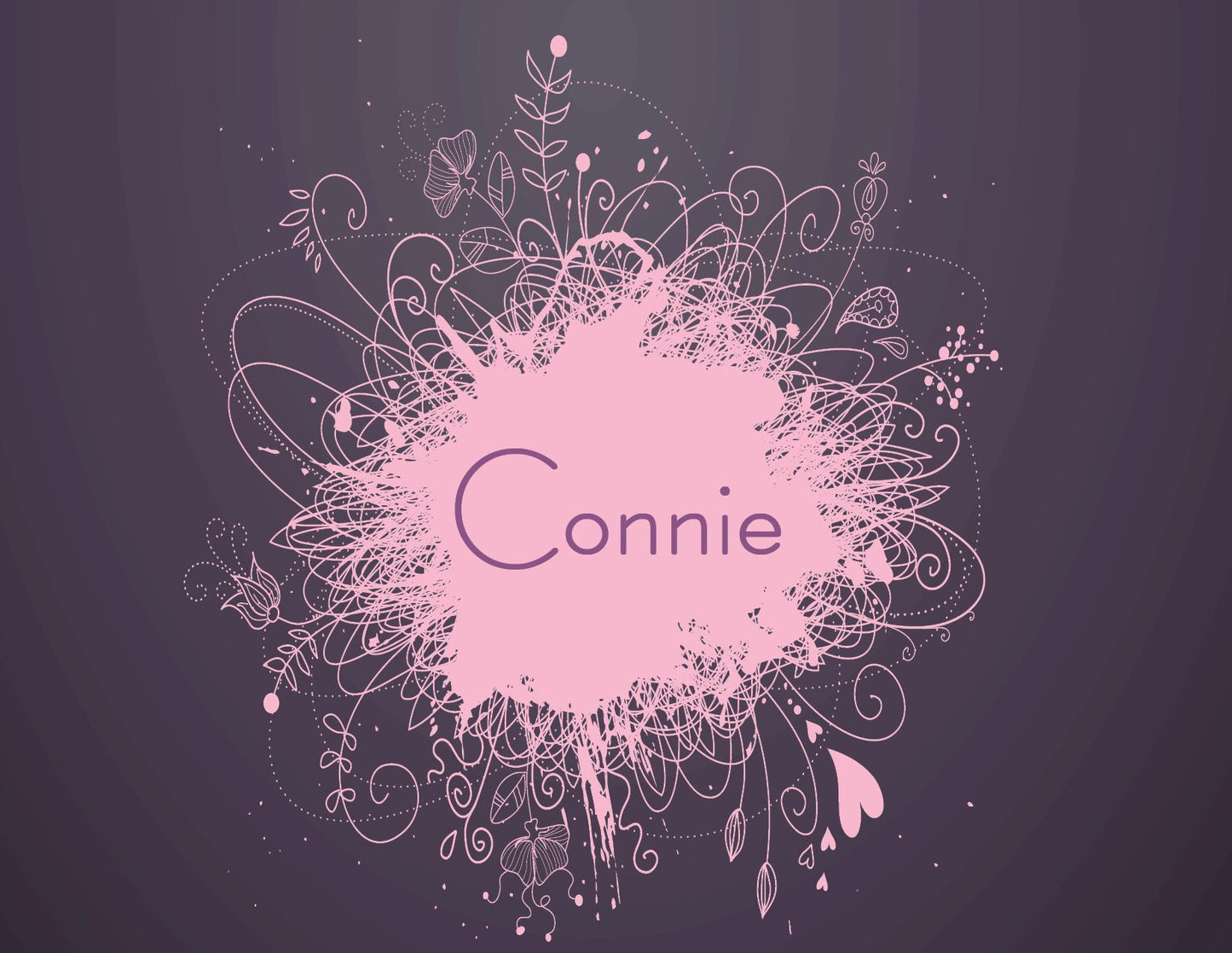 The Noteworthy Floral Grunge Sixteen Folded Thank You Note Cards feature a large name centered on a pink paint splatter with ornate floral and swirl designs, set against a dark plum background for a bold, elegant look.