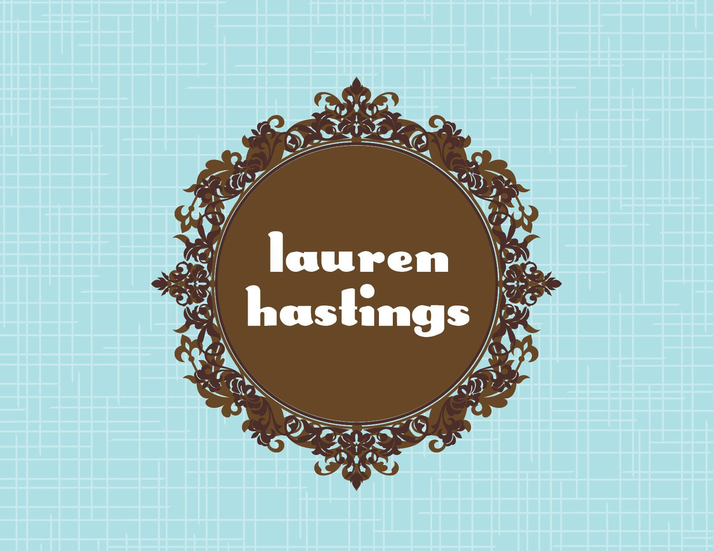 The Noteworthy Framed Life Bali Folded Note Thank You Card features a brown circular frame with "lauren hastings" in white lowercase letters, centered on a bali blue linen-textured background that resembles an elegant notecard.