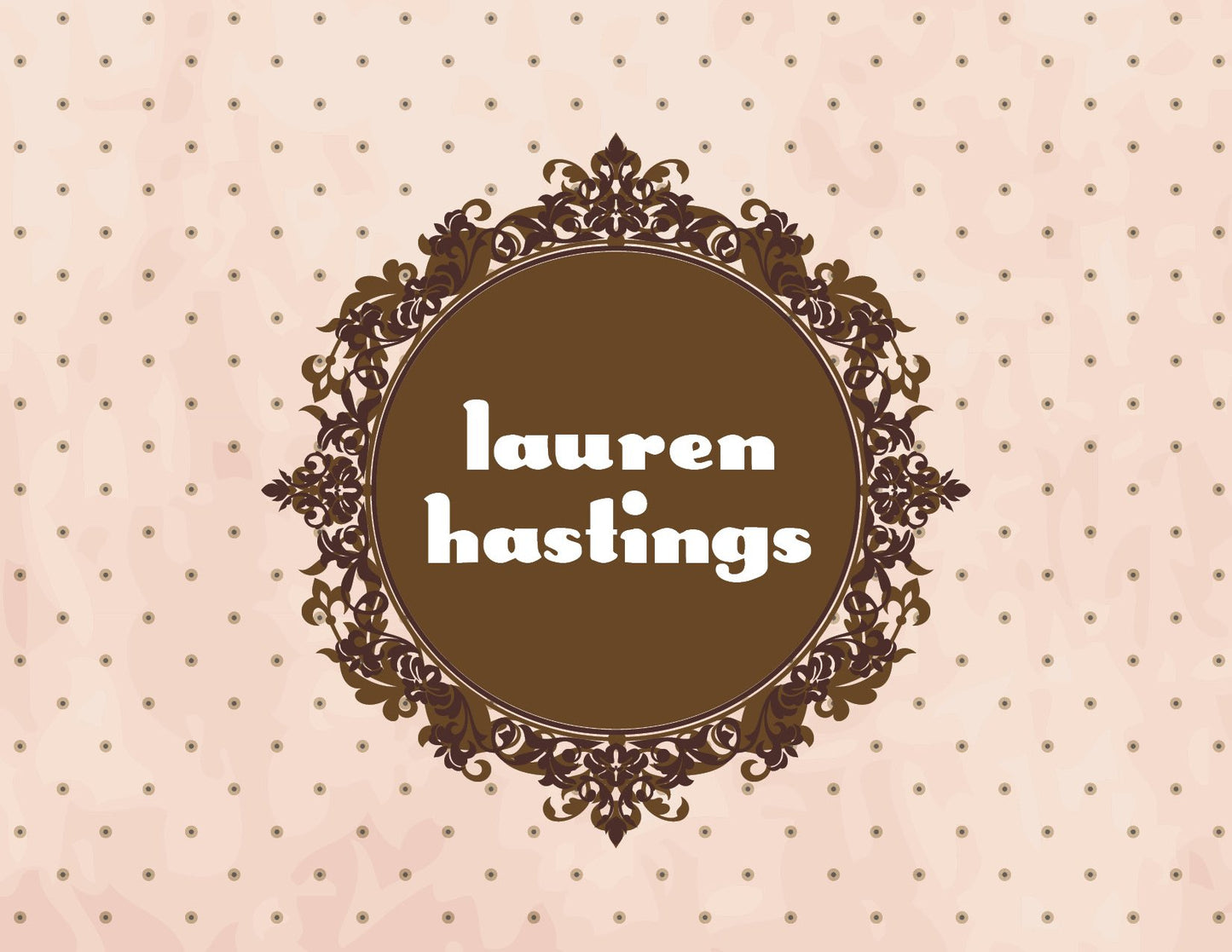 A pink dotted background frames a white notecard with "Framed Life" design by Noteworthy, featuring bold white text for the name, surrounded by ornate floral details.