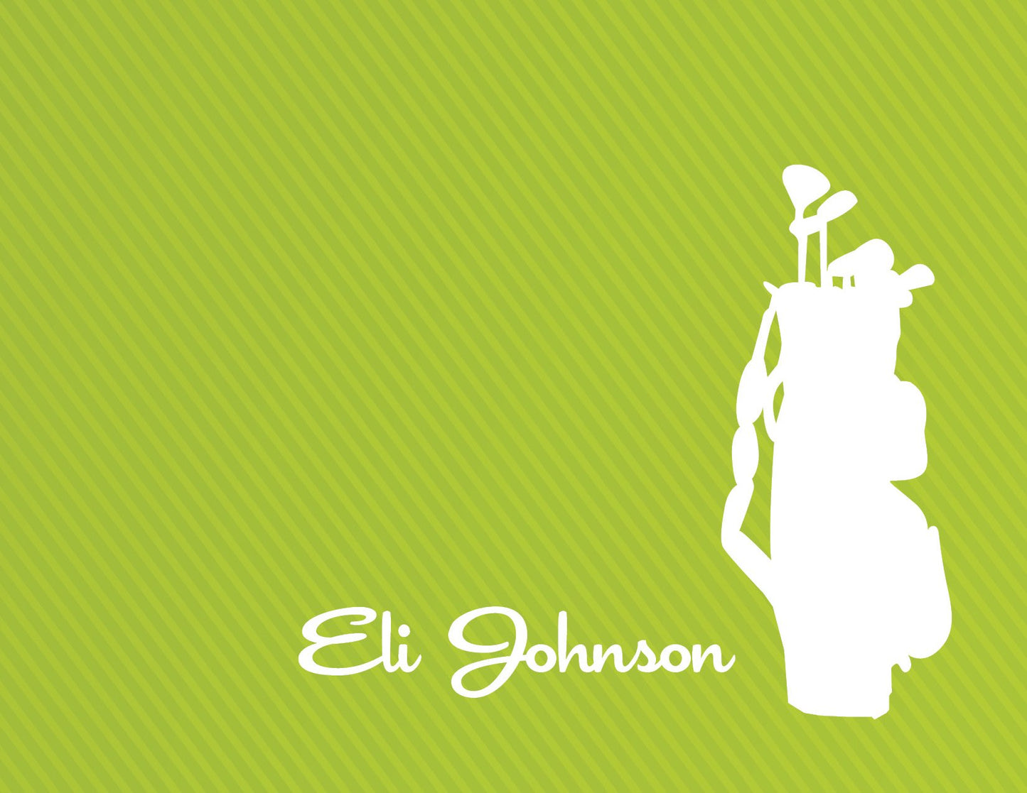 Noteworthy’s Golf Bag Silhouette Green Folded Thank You Note Cards feature a white golf bag and clubs silhouette on green stripes, with “Eli Johnson” in white cursive at the bottom left.