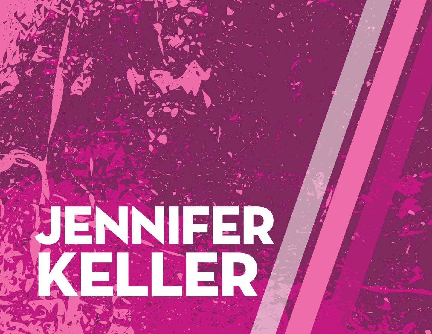 “JENNIFER KELLER” is displayed in bold white capitals on a hot pink and purple grunge background with diagonal stripes, echoing the striking style of Noteworthy’s Grunge Fest Pink Folded Thank You Note Cards.