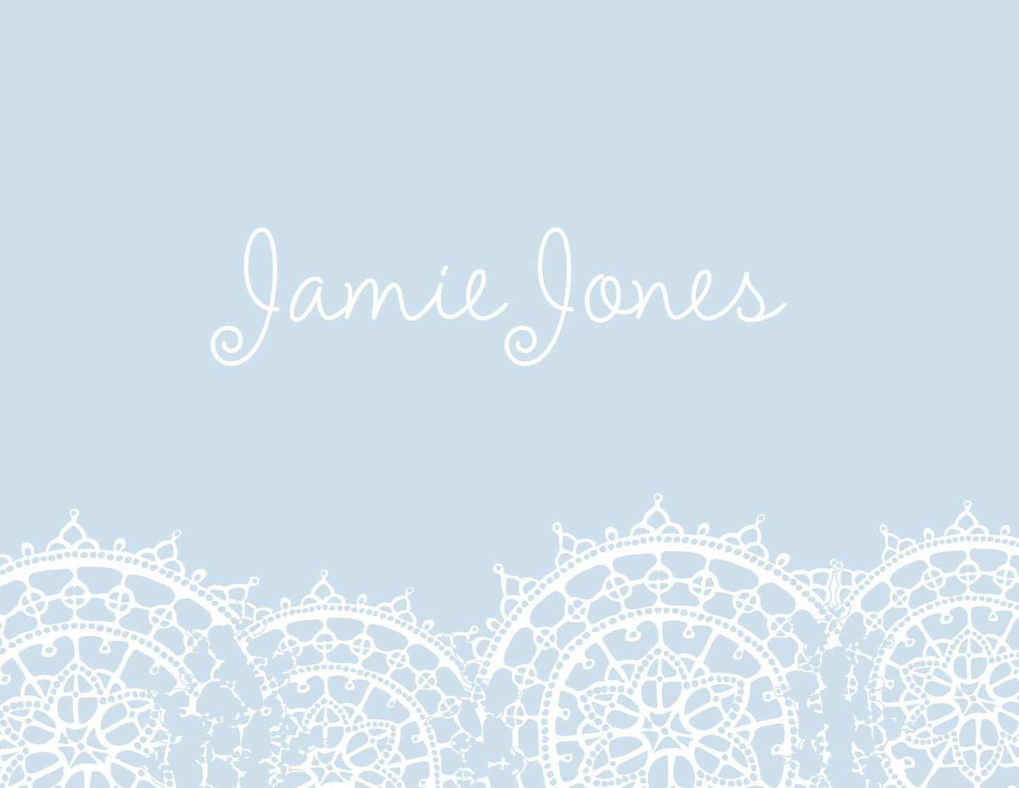 The Noteworthy Lace Lined Spanish Moss Folded Thank You Note Cards feature a light blue background, delicate lace detail at the bottom, and "Jamie Jones" handwritten on top—ideal for elegant thank you notes or top-fold cards.