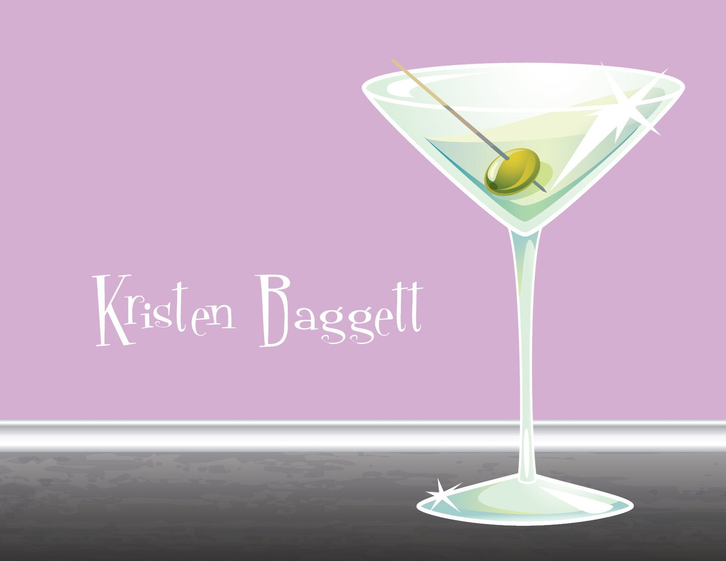 A Noteworthy Martini Genie Folded Note Thank You Card sits beside a martini glass with a green olive, all set against a purple background.