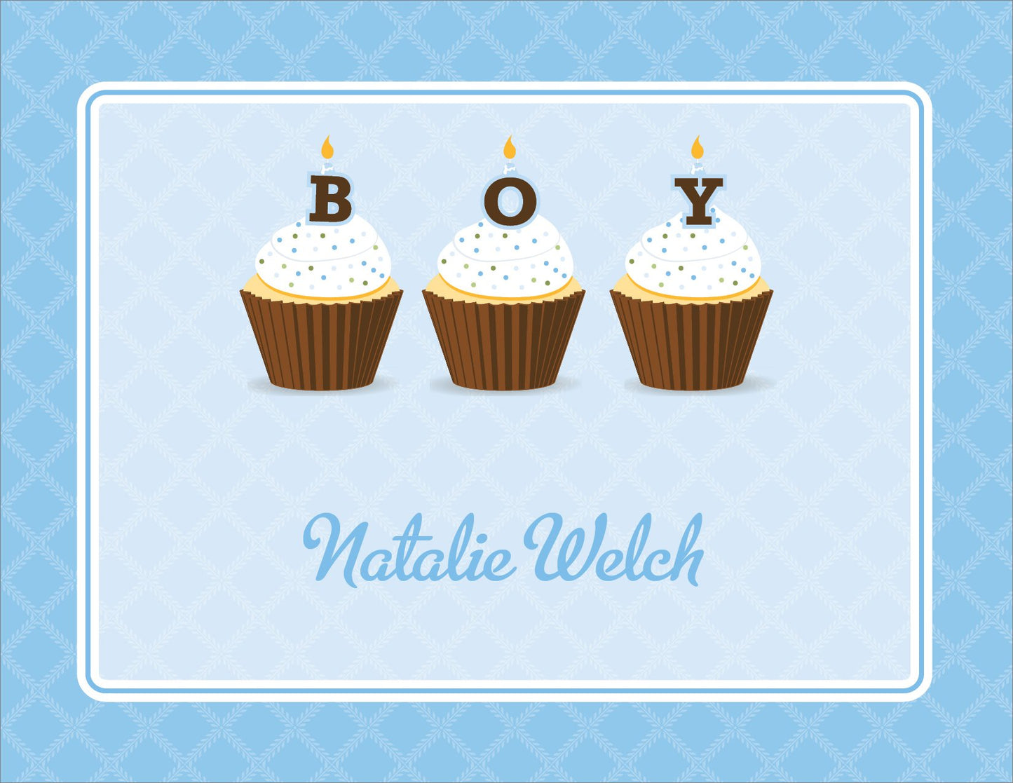 Three cupcakes with boy candles spelling "BOY" sit on a Cupcake Boy Note Card by Noteworthy, each candle aglow, with "Natalie Welch" below on a blue patterned background.