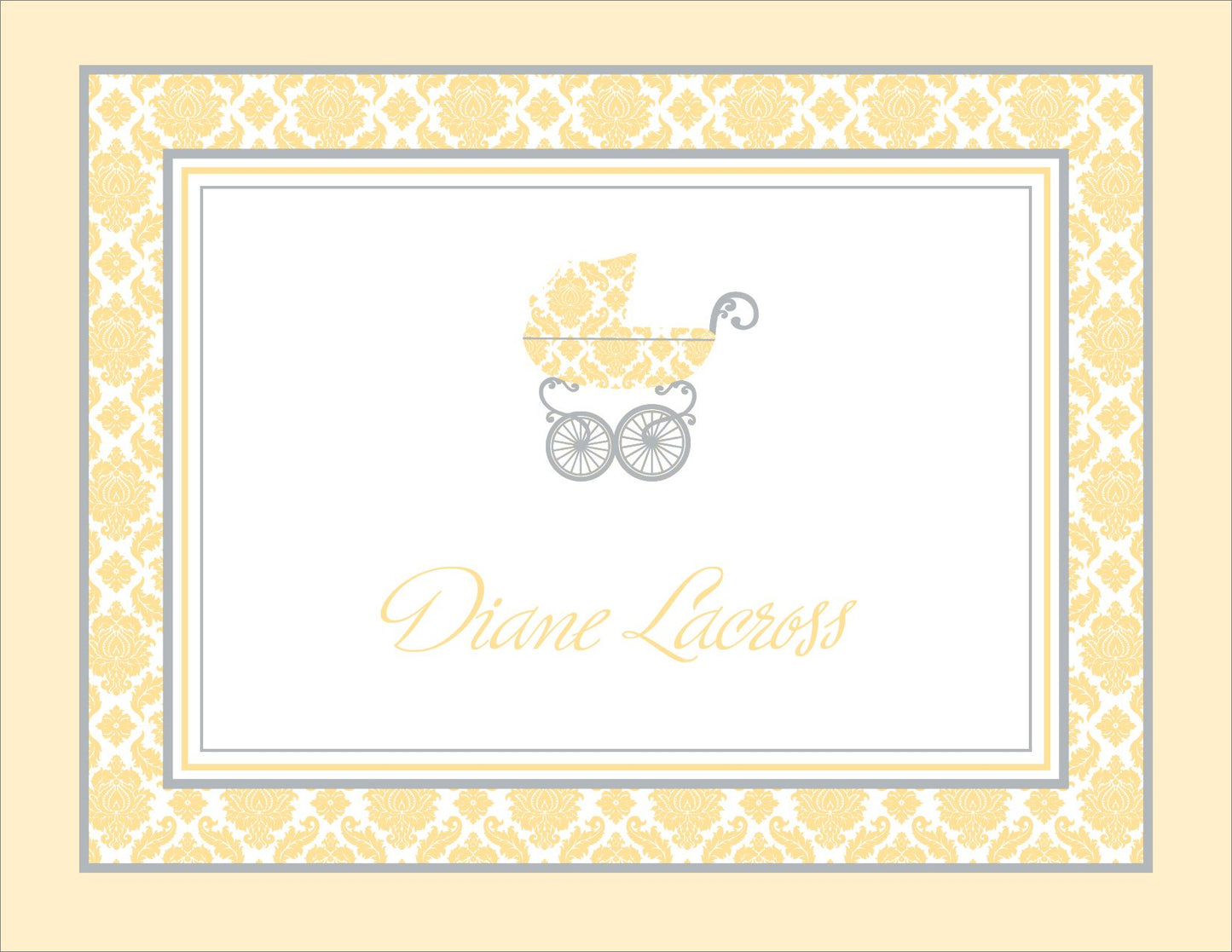 The Damask Pram Buttercup Note Cards by Noteworthy feature a yellow and gray ornate pram with a floral border and "Diane Lacross" in script on an elegant top-fold card.