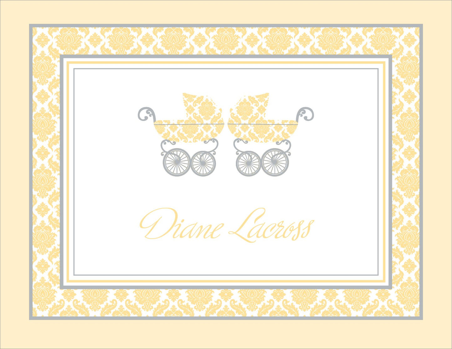 The Noteworthy Damask Pram Buttercup Twins Note Cards feature yellow and gray prams with a floral border—an elegant, top-fold card ideal for celebrating twins with classic style.
