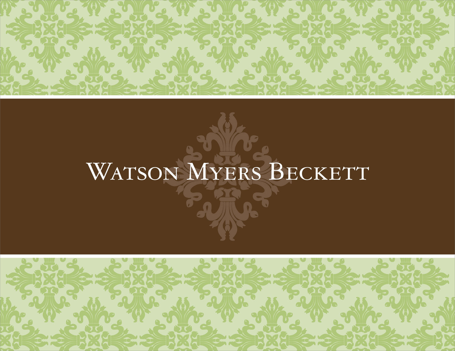 The First Sacrament Wasabi Folded Notes by Noteworthy feature a white notecard with a brown center band and elegant green damask patterned background, displaying "Watson Myers Beckett" in white capital letters.
