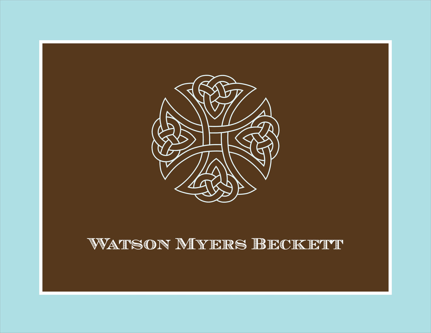 A brown rectangle with a white Celtic knot cross and "Watson Myers Beckett" below, all on a light blue background—First Sacrament Bali Folded Notes by Noteworthy, ideal for Celtic thank you cards.