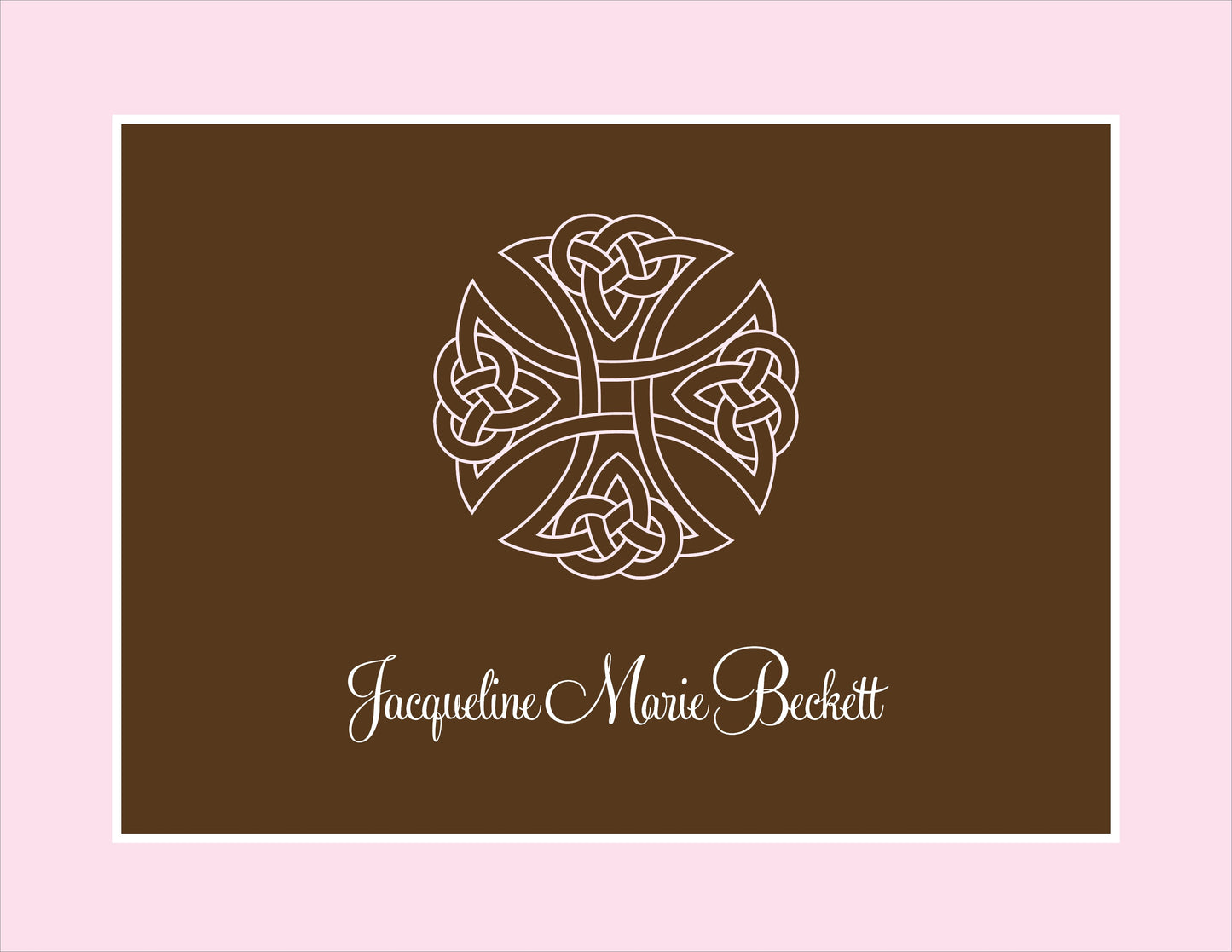 The First Sacrament Pink Folded Notes by Noteworthy feature a white Celtic knot cross centered on a brown card with "Jacqueline Marie Beckett" in script below, framed by an elegant pink and white border.