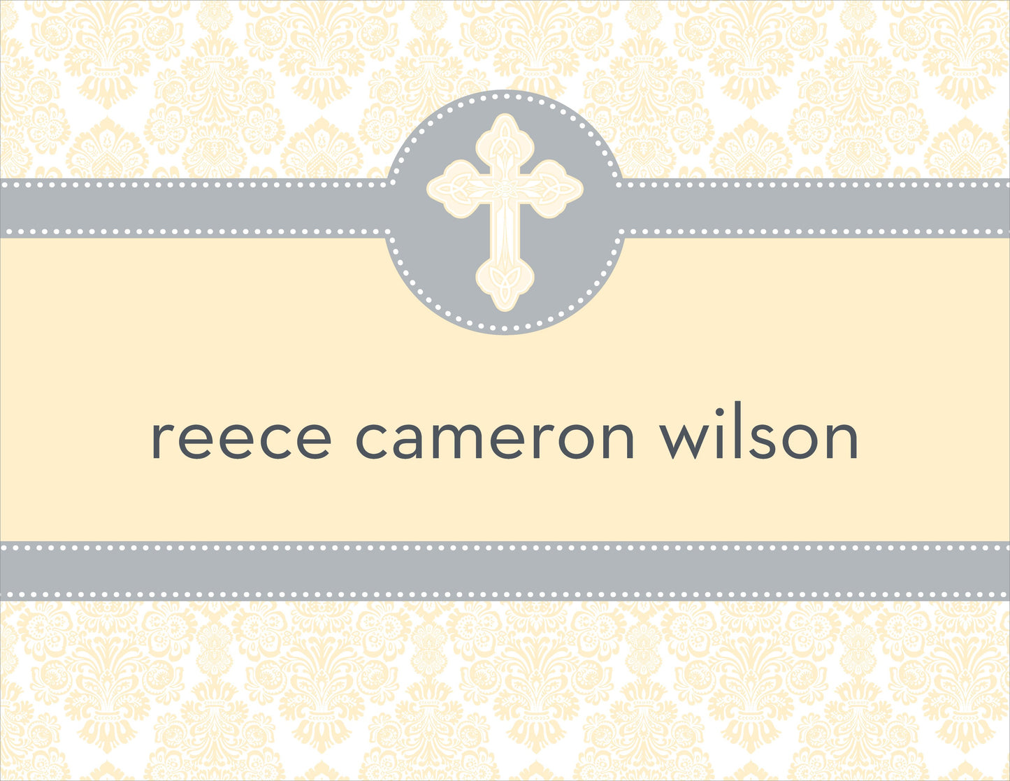 The Noteworthy Damask Baptism Yellow Folded Notes feature a pale yellow and gray damask border, a scalloped cross, and the name "reece cameron wilson" in lowercase at the center.