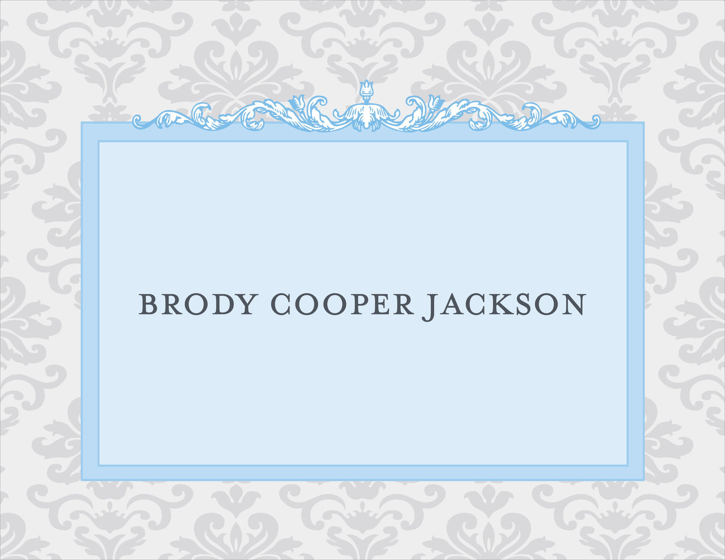 The Noteworthy Damask Baptism Blue Folded Notes feature an ornate blue frame with “Brody Cooper Jackson” in all caps on a sophisticated gray damask patterned background.