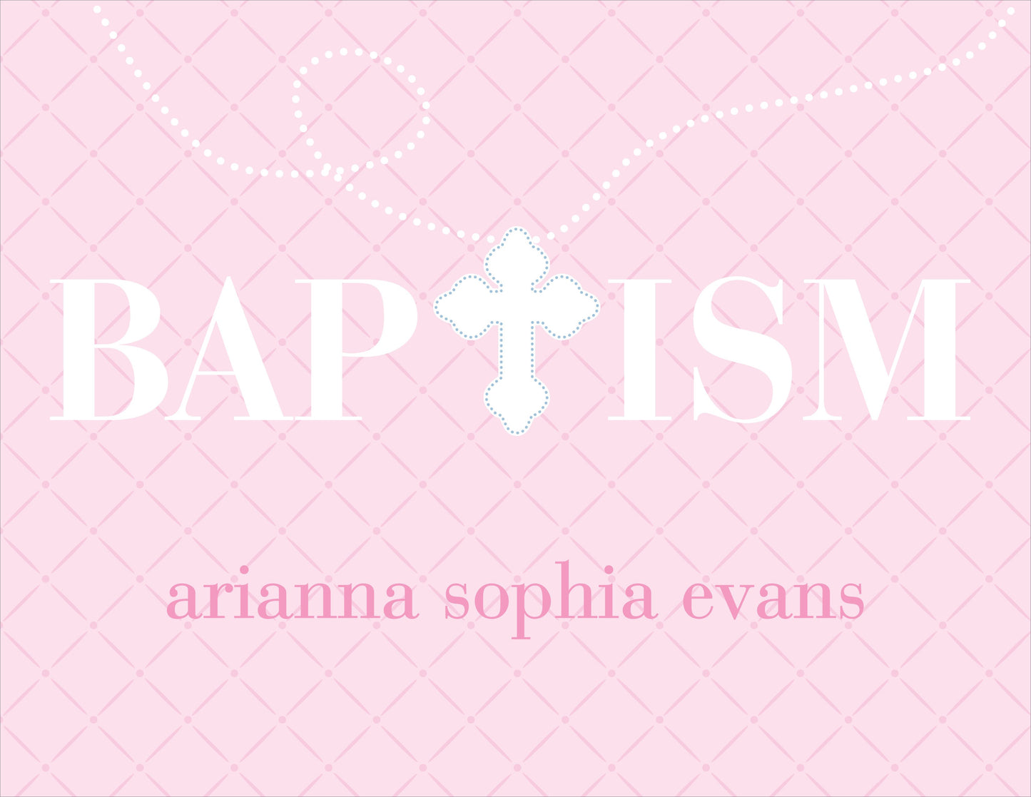 The Noteworthy Hatch Pattern Pink Baptism Folded Notes feature "BAPTISM" with a cross as the "T" in white, and "arianna sophia evans" in pink lowercase—perfect for celebrating this special religious occasion.