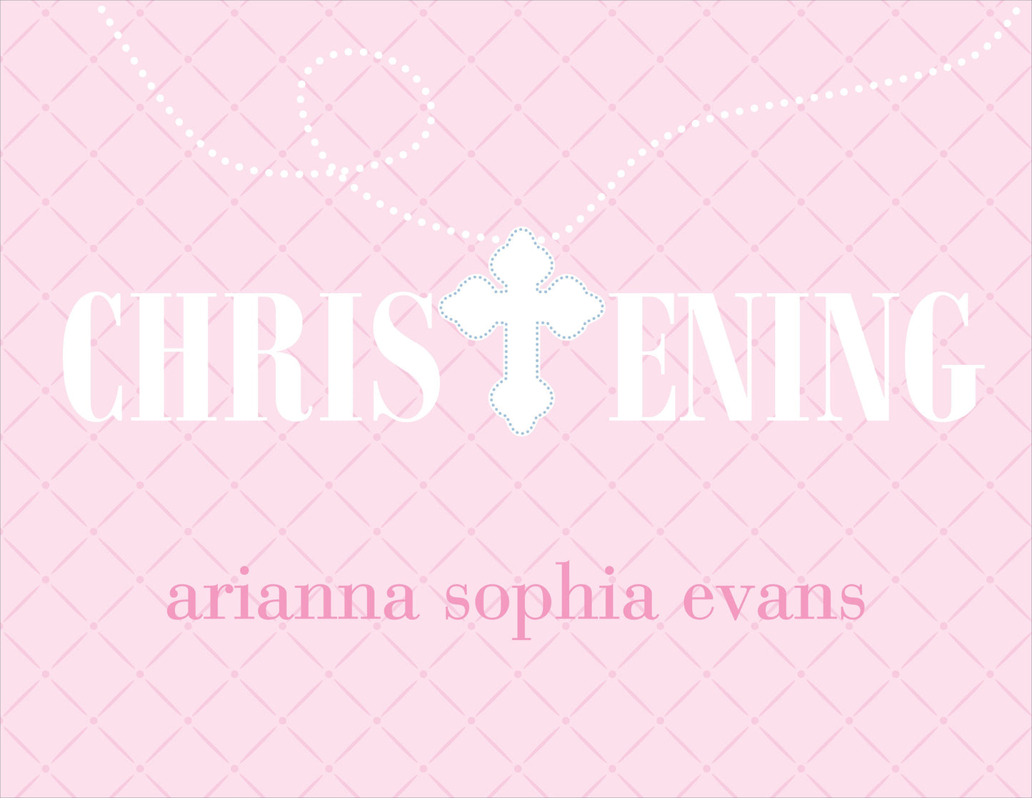 The Hatch Pattern Pink Christening Folded Notes by Noteworthy feature a white cross at the center and "arianna sophia evans" elegantly written in lowercase pink letters beneath.
