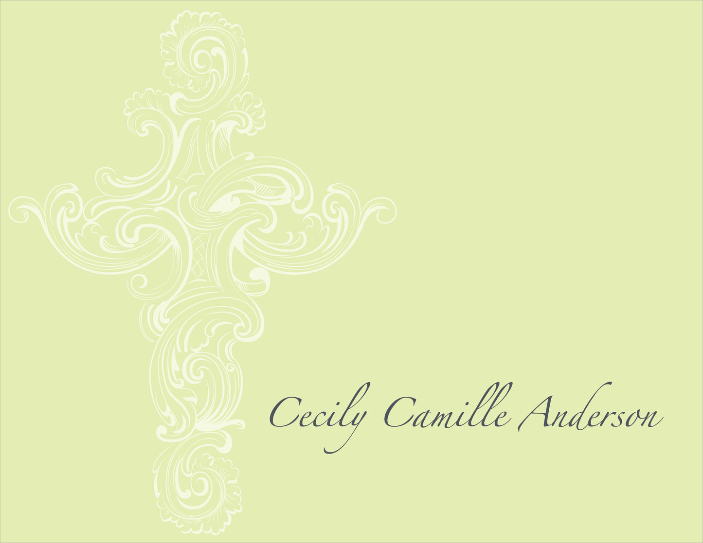 The Medici Cross Lime Folded Notes by Noteworthy feature an ornate white cross on lime green, with "Cecily Camille Anderson" in cursive at the lower right, creating an elegant notecard ideal for special occasions.