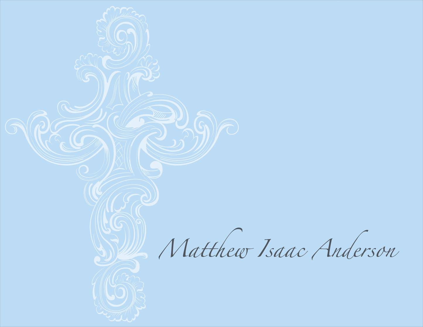 The Noteworthy Medici Cross Tortola Folded Notes are white notecards featuring a decorative cross on a blue background, with "Matthew Isaac Anderson" elegantly scripted on the right.