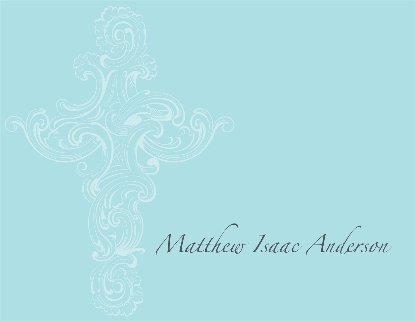 The Medici Cross Bali Folded Notes by Noteworthy feature a light Bali blue background, an ornate white cross on the left, and “Matthew Isaac Anderson” in cursive on the right, resembling a refined white notecard.