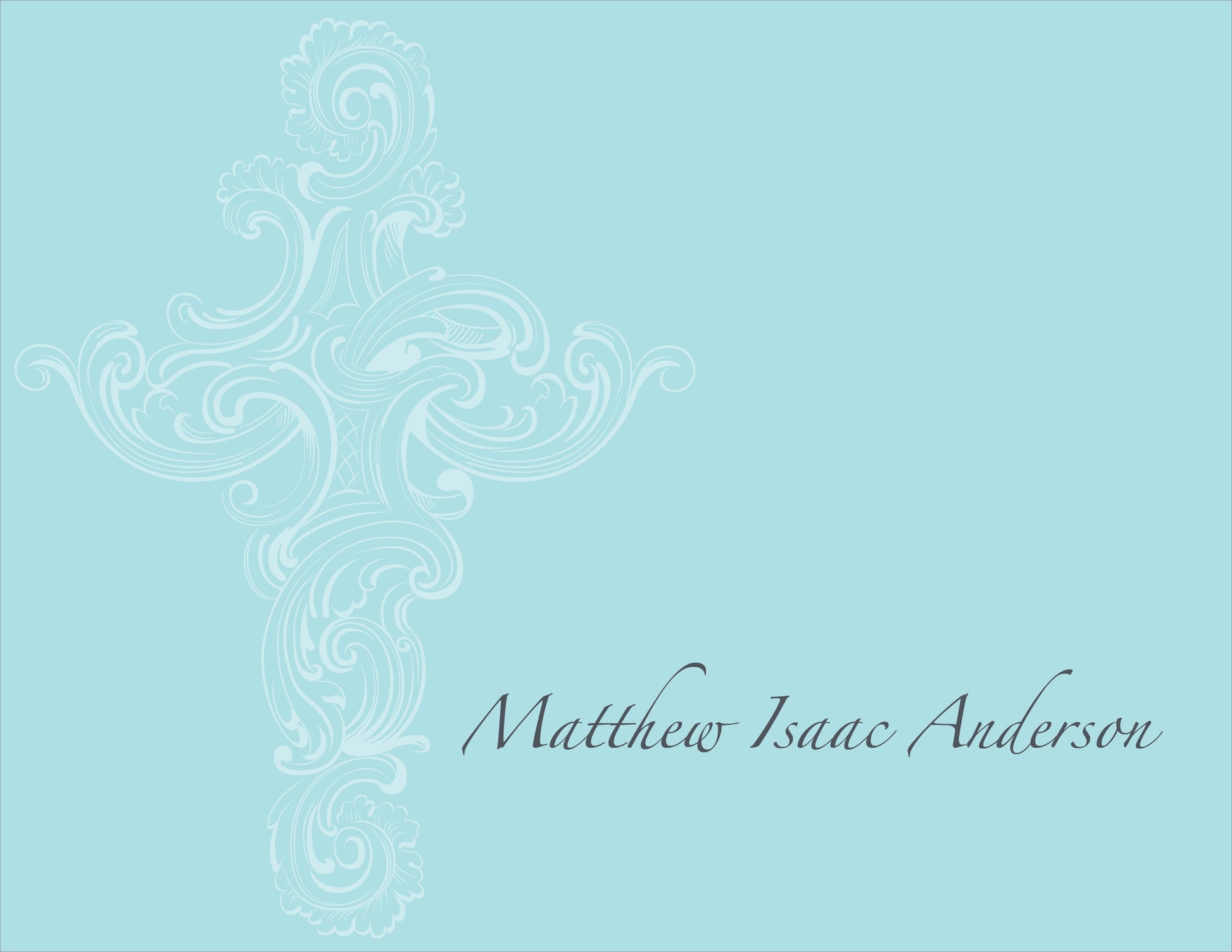 The Medici Cross Bali Folded Notes by Noteworthy feature a light Bali blue background, an ornate white cross on the left, and “Matthew Isaac Anderson” in cursive on the right, resembling a refined white notecard.