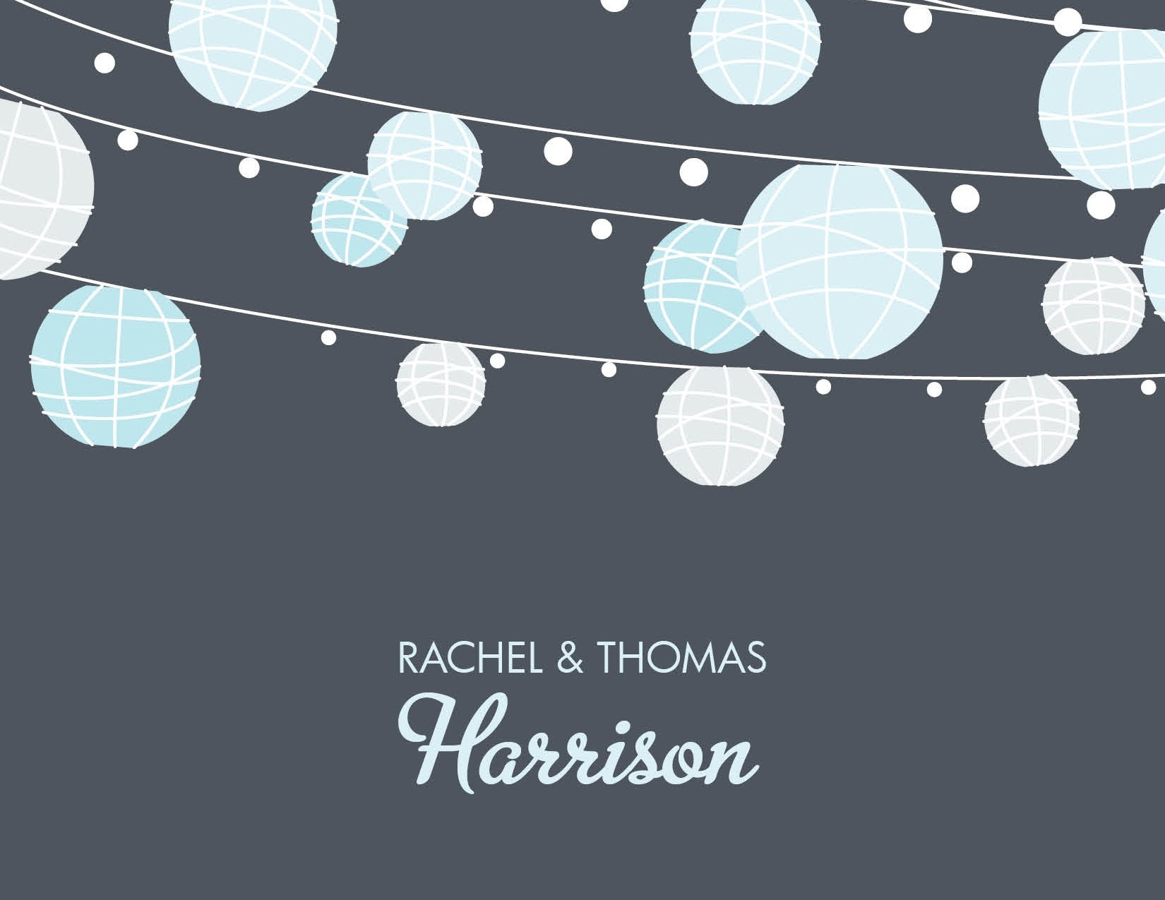 String lights and blue lanterns glow against a dark background with "Rachel & Thomas Harrison" in the center—Noteworthy's Paper Lanterns Blue Thank You Cards are perfect for dinner party notes.