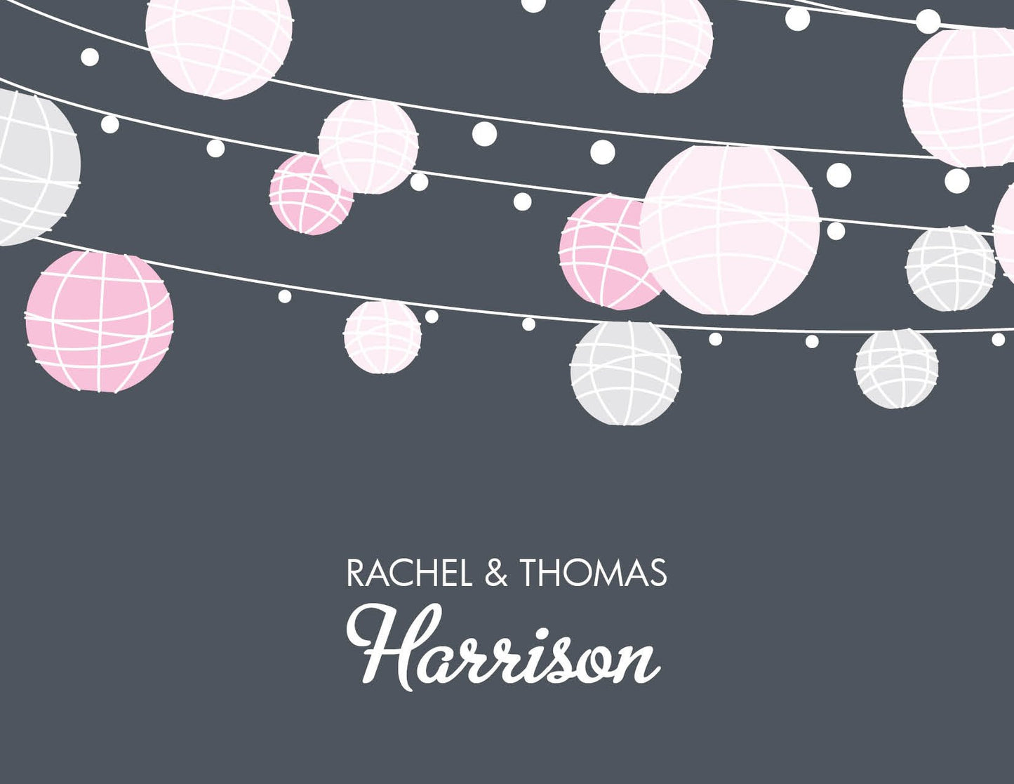 String lights with white and pink lanterns shine above "Rachel & Thomas Harrison" on a dark gray background, making the Noteworthy Paper Lanterns Pink Thank You Cards a charming keepsake.