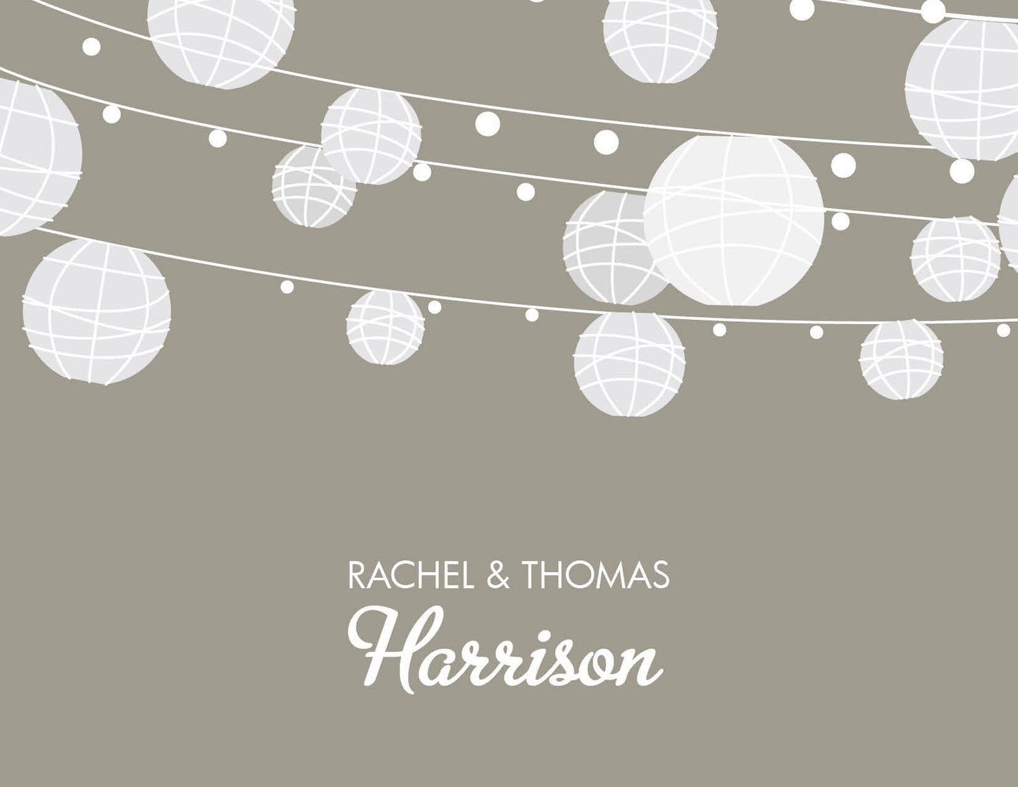 String lights and white paper lanterns hang against a taupe background, casting a warm glow. "Paper Lanterns Mushroom Thank You Cards" by Noteworthy is elegantly printed at the bottom—ideal for a heartfelt notecard or dinner party thank you.
