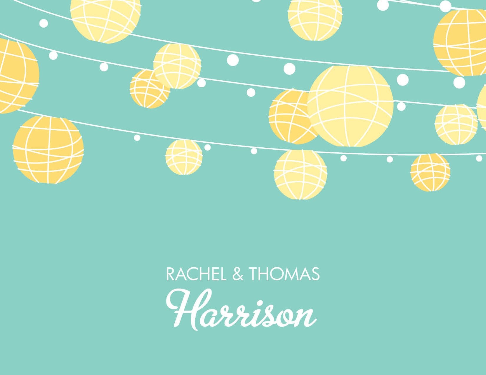 Yellow lanterns and string lights decorate the teal background of Noteworthy’s Paper Lanterns Teal Thank You Cards, creating a festive look. "Rachel & Thomas Harrison" appears elegantly in white text at the bottom.
