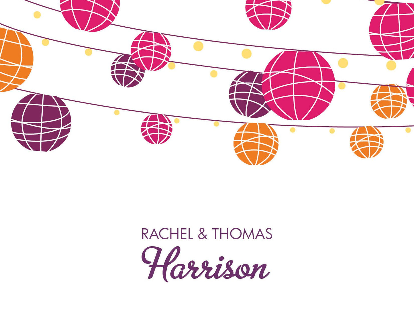 Bright pink, orange, and purple globe lanterns hang above "Rachel & Thomas Harrison" on these Paper Lanterns Summer Thank You Cards by Noteworthy, set against a crisp white background—perfect for dinner party notes or messages.