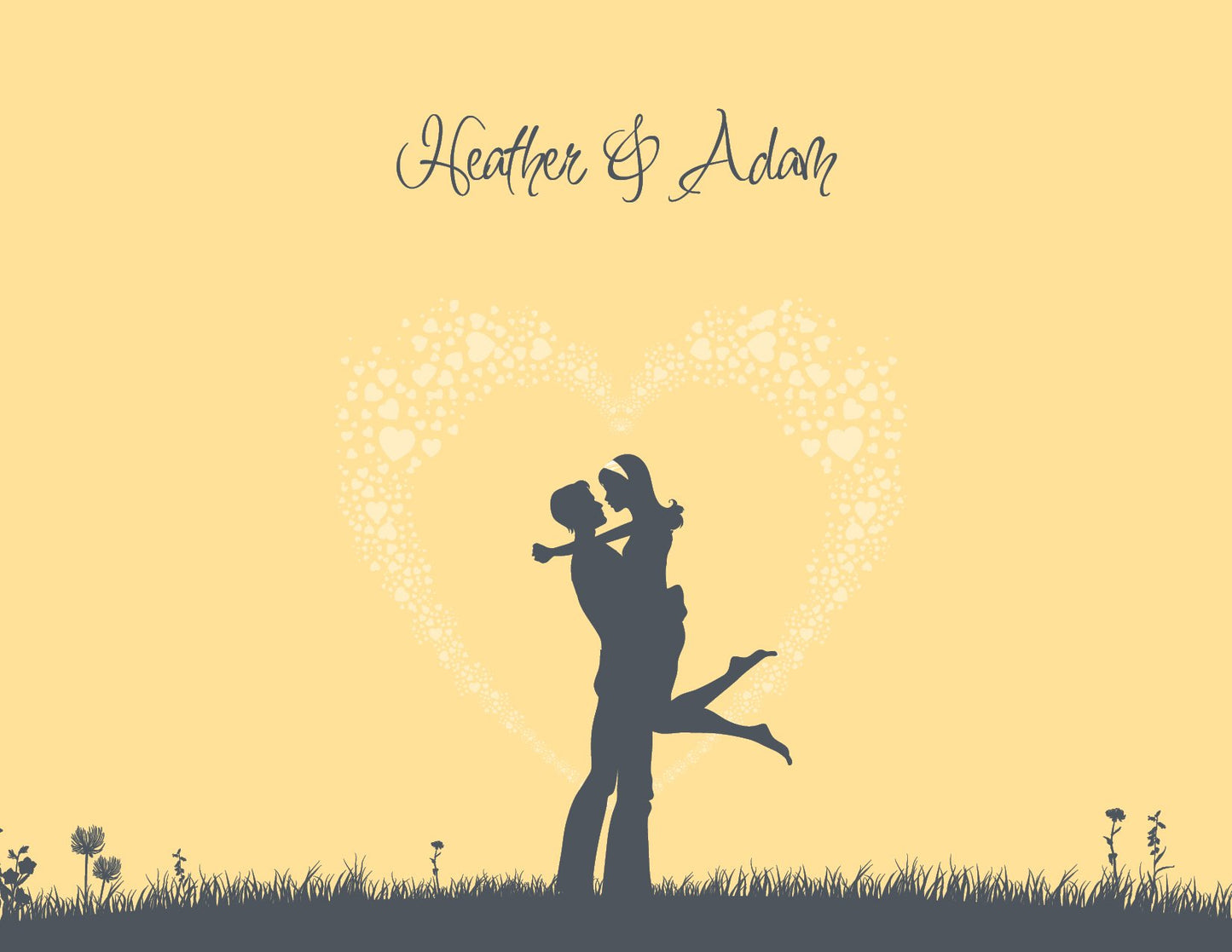 The Noteworthy Happy in Love Silhouette Yellow Thank You Cards feature an embracing couple with a heart background and "Heather & Adam" above, set on a yellow and white notecard.