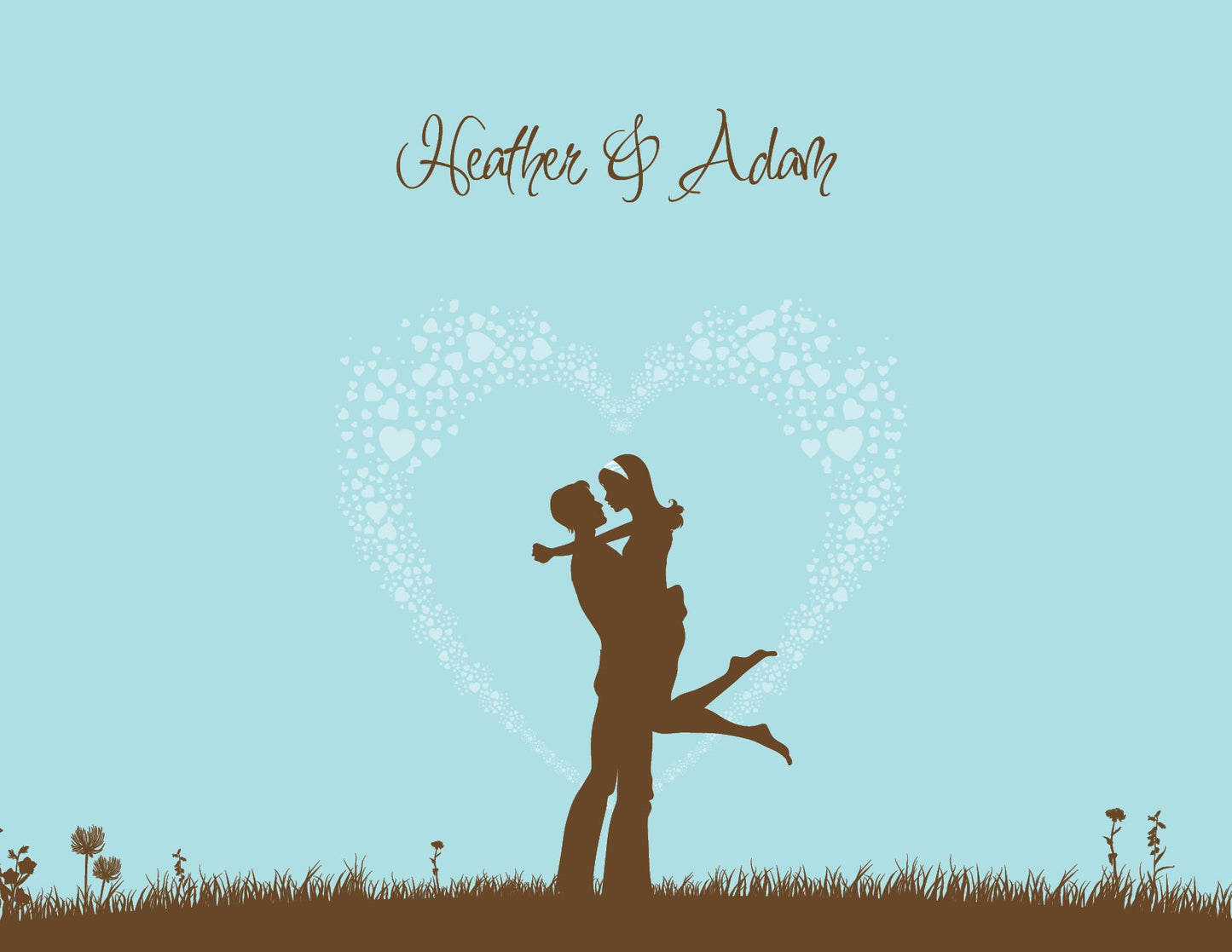 The Noteworthy Happy in Love Silhouette Bali Thank You Cards feature a bali blue design with an embracing couple, heart, and "Heather & Adam" on a light blue background.