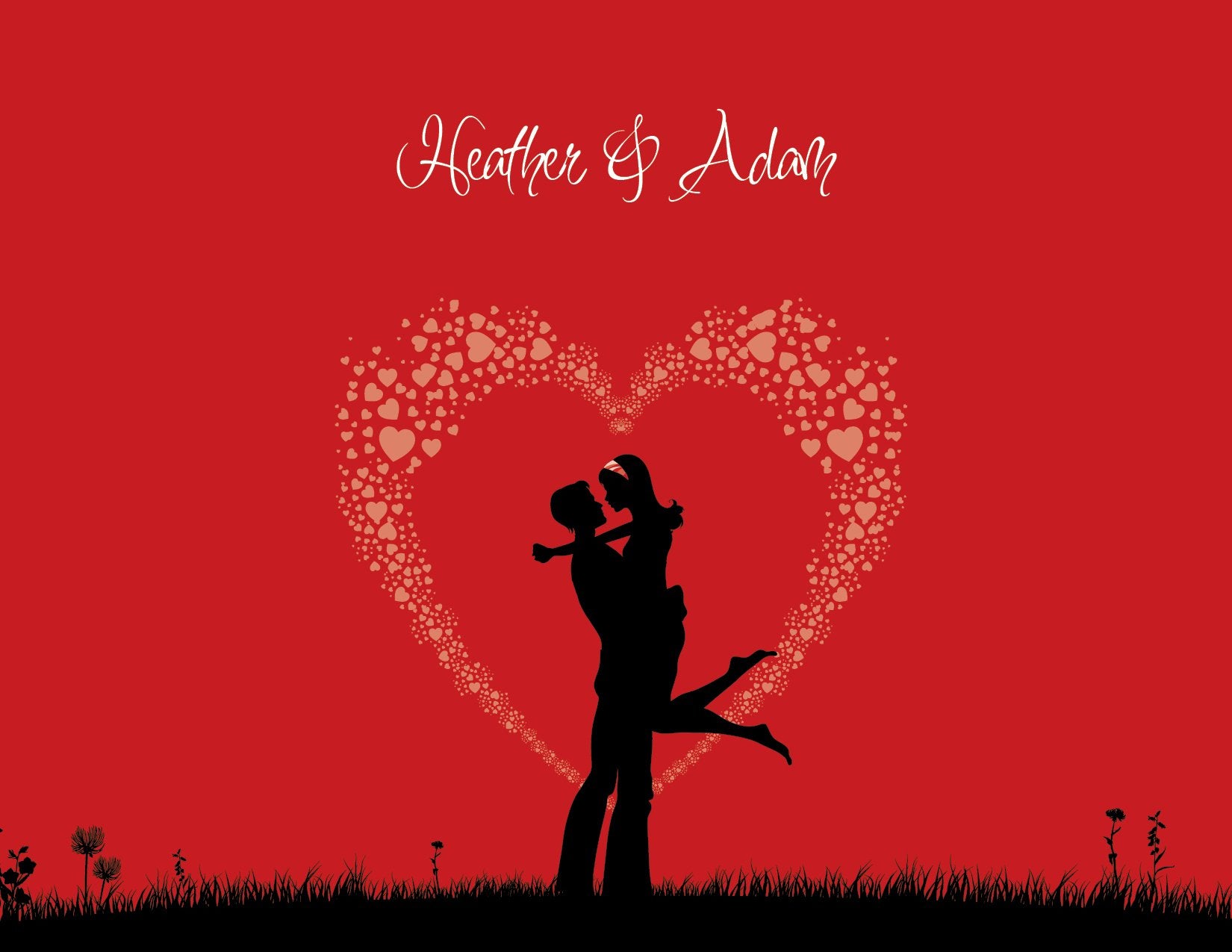 The Happy in Love Silhouette Berry Thank You Cards by Noteworthy feature a couple embracing before a heart of smaller hearts on red—a romantic stationery choice for couples.