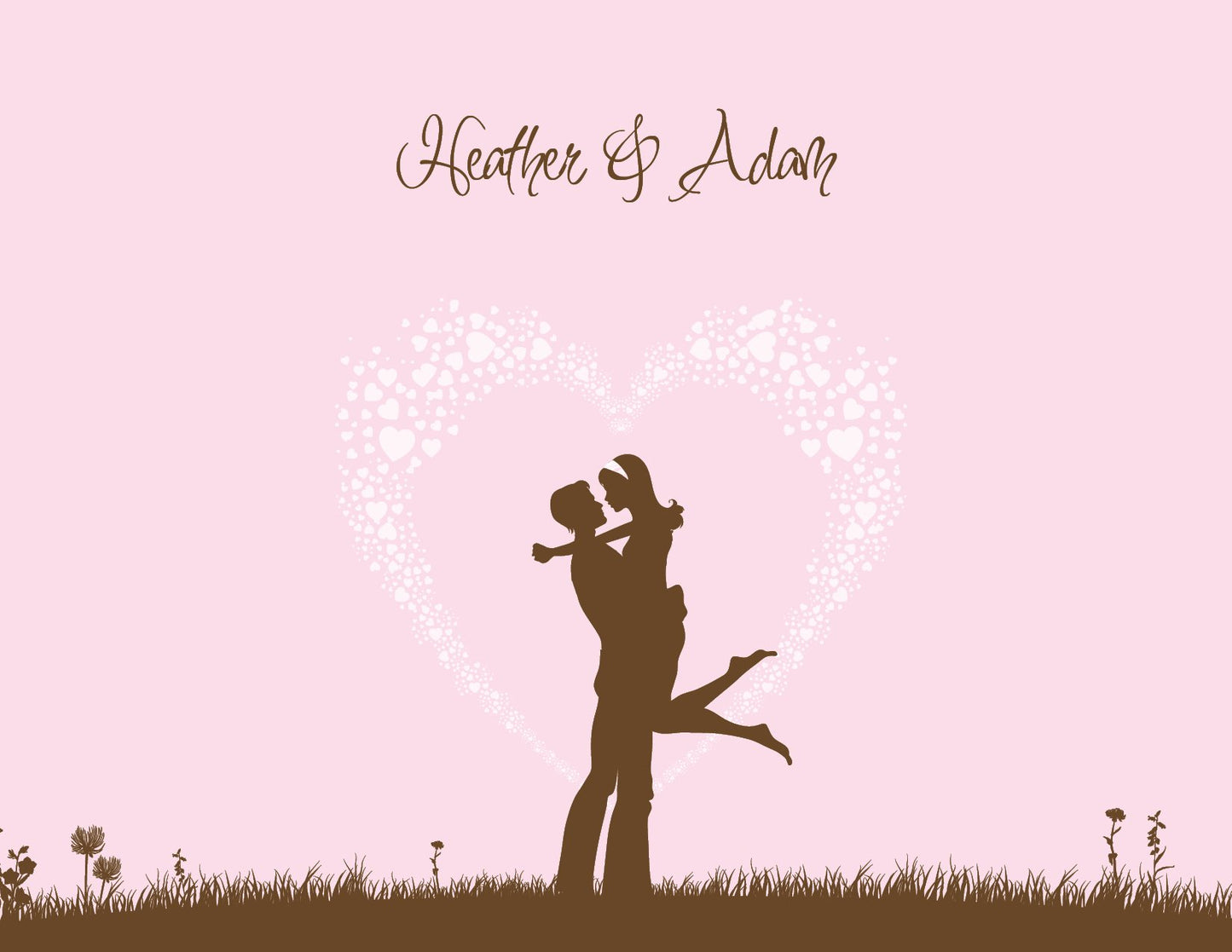 The Noteworthy "Happy in Love Silhouette Pink Thank You Cards" feature a couple embracing in a field with a heart backdrop—ideal as romantic stationery or for celebrating love.