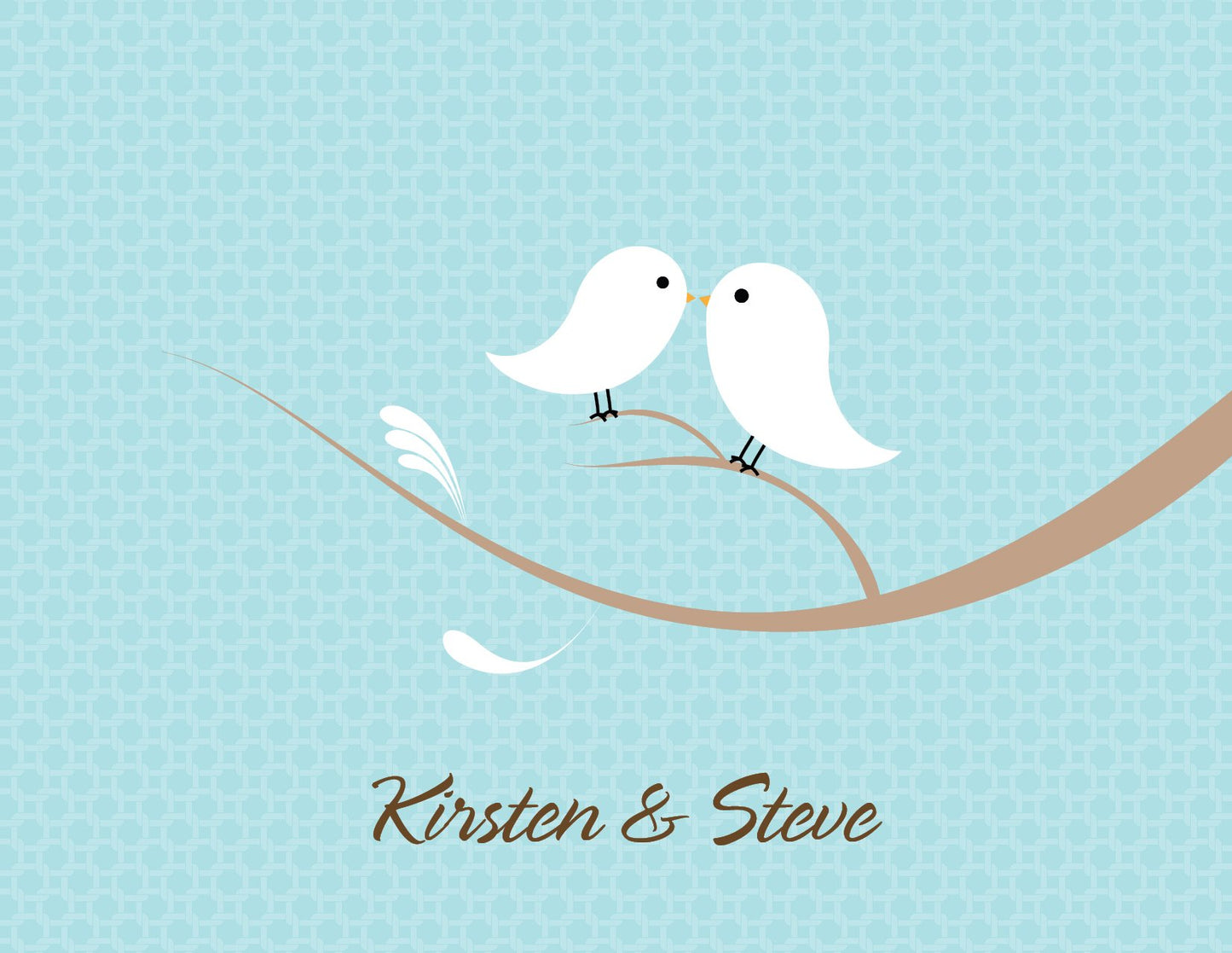 The Noteworthy Love Birds Bali Thank You Cards feature two love birds on a curved branch with a Bali blue pattern and "Kirsten & Steve" below—perfect for elegant white notecards.