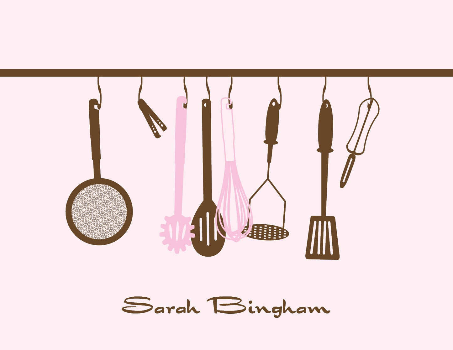 Kitchen Silhouette Pink Thank You Cards by Noteworthy feature a pink illustration of kitchen utensils—strainer, tongs, ladles, whisk, masher, spatula, and peeler—hanging from a rod. "Sarah Bingham" appears below the design. Perfect for kitchen-themed thank you notes.