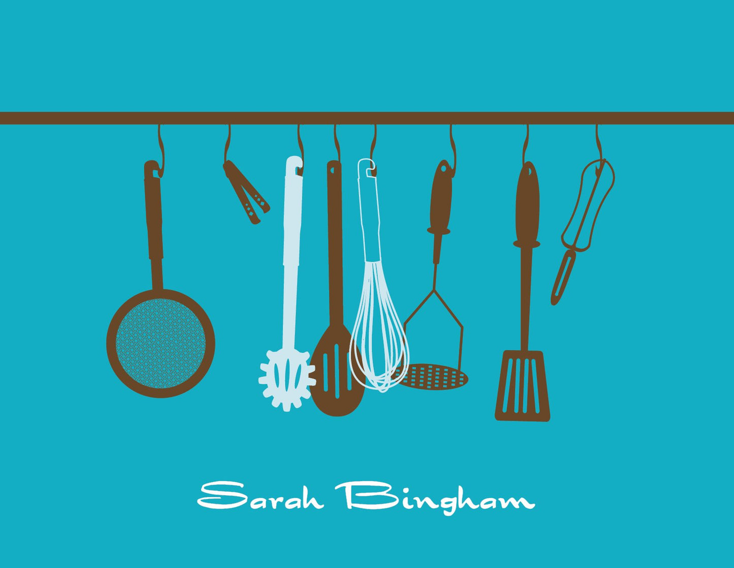 Kitchen Silhouette Deep Sea Thank You Cards by Noteworthy feature kitchen utensils—pan, ladle, whisk, spatula, tongs—hanging from a rod against a deep sea backdrop with "Sarah Bingham" at the bottom. Perfect for kitchen-themed notes.