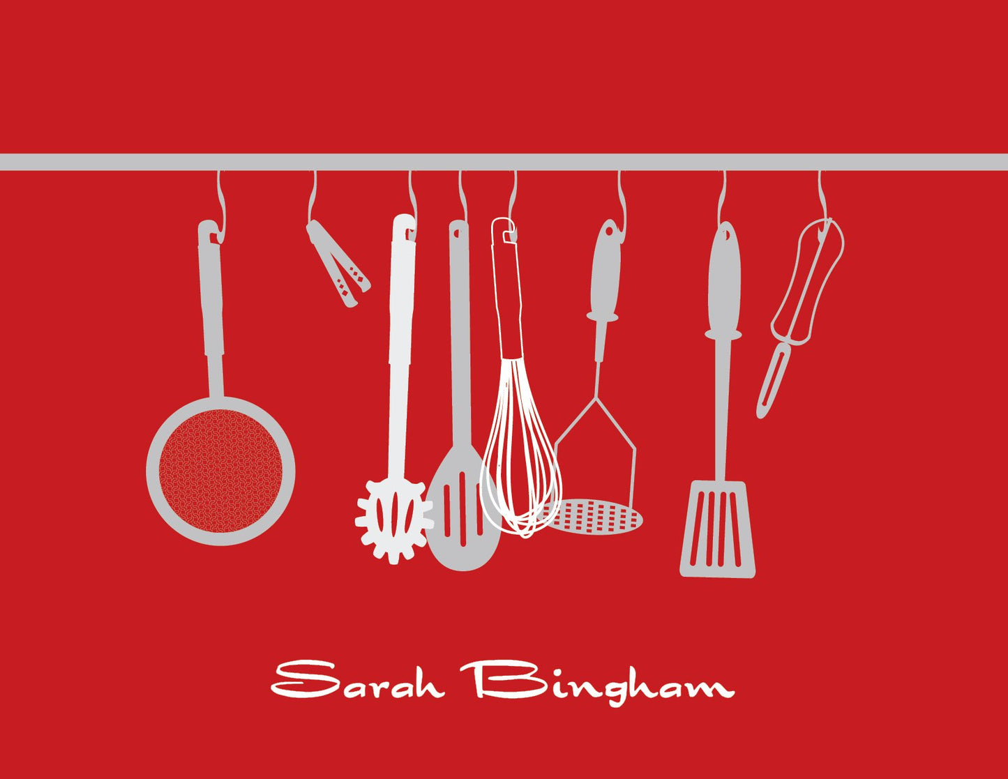 Illustration of kitchen tools on hooks against a red background, with "Kitchen Silhouette Berry Thank You Cards" by Noteworthy below—ideal as thank you cards for kitchen showers.