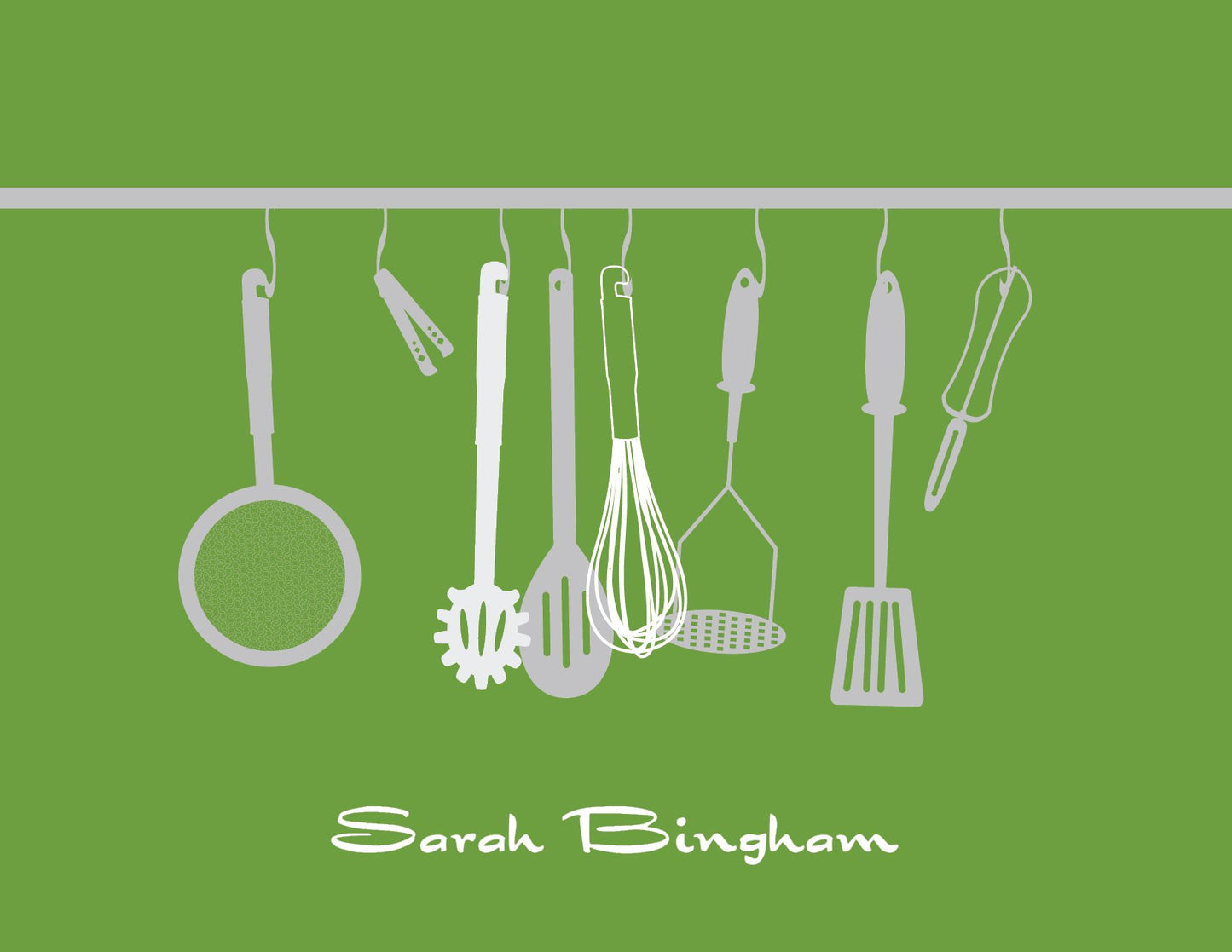 A row of kitchen utensils hangs on hooks against an olive background on the Kitchen Silhouette Olive Thank You Cards by Noteworthy.
