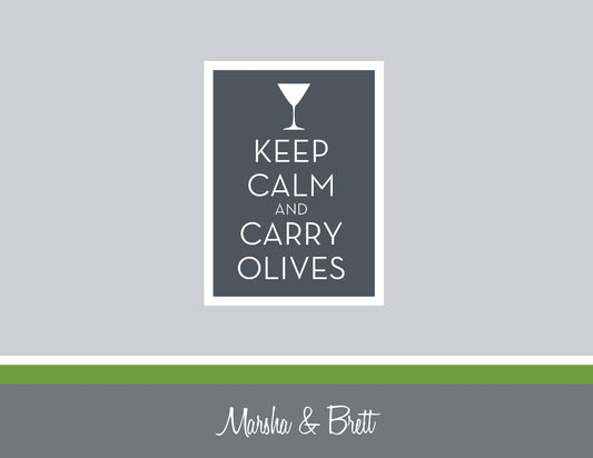 The Noteworthy Bar Scene Thank You Card features a framed martini glass and "Keep Calm and Carry Olives" above Marsha & Brett on a chic gray-green striped background—ideal for cocktail enthusiasts.