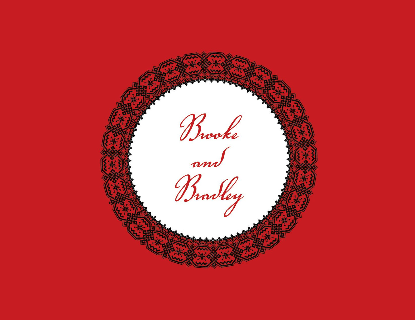 Faces of Time Berry Thank You Cards by Noteworthy feature a black lace circle with "Brooke and Bradley" in red script on a white center, set against a red background—ideal for thank you notes or invitations with white unlined envelopes.